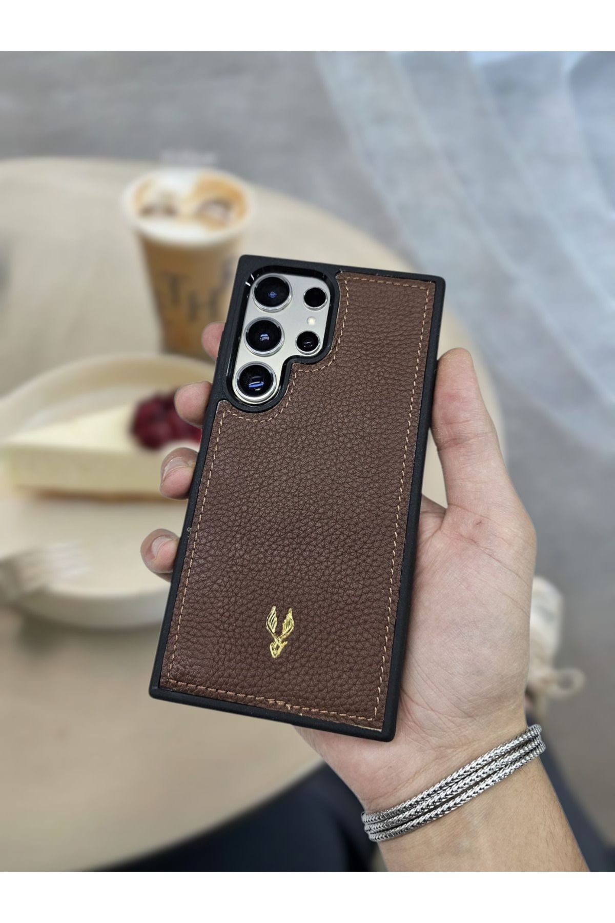 VİSSO Visso Hakiki Deri SAMSUNG GALAXY S23 ULTRA İsme Özel Deri Telefon Kılıfı UNİSEX KAHVE GUTTY