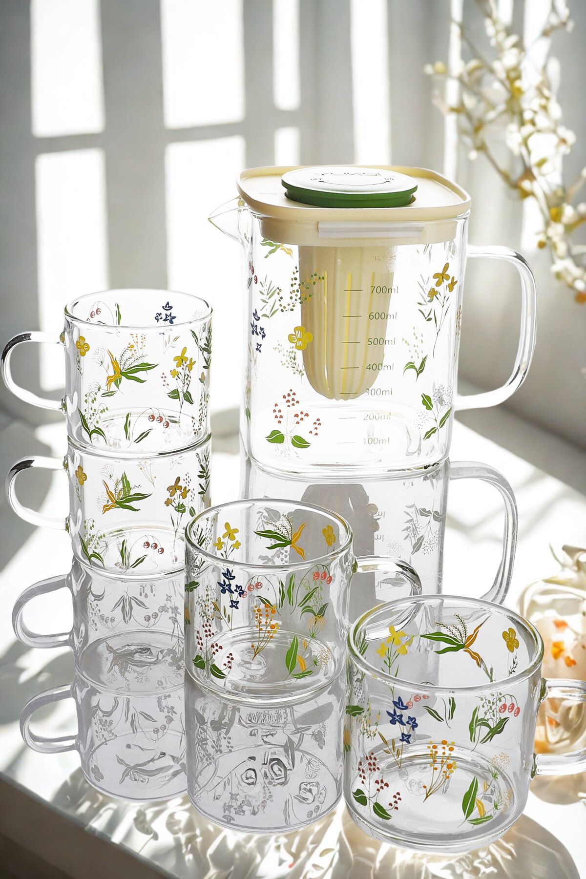 Manaferra Çiçek Desenli 5 Parça Bitki Çayı Demleme Seti 700 Ml