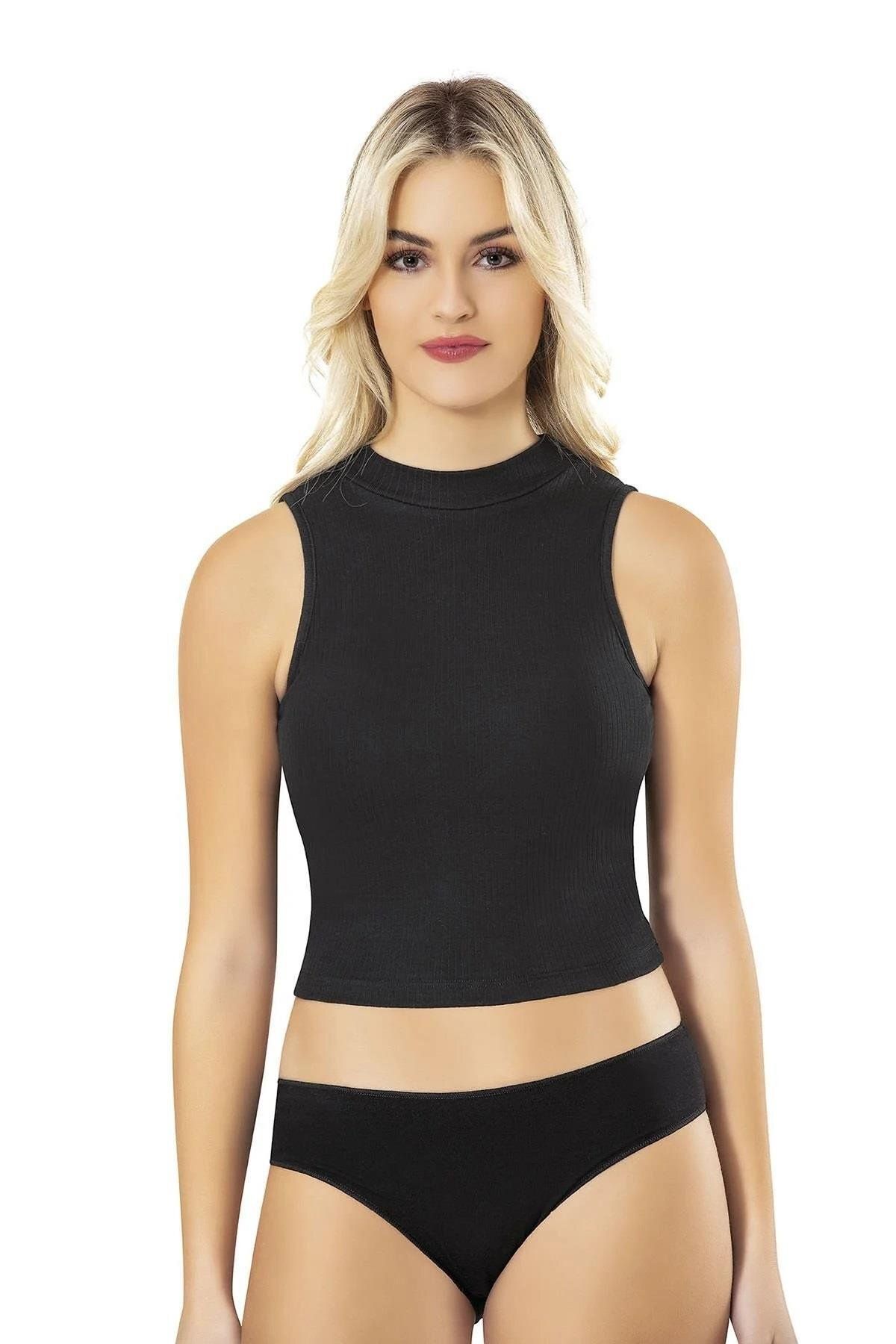 Cansoy Balıkçı Yaka Ribana Pedli Fitilli Siyah Crop 6805