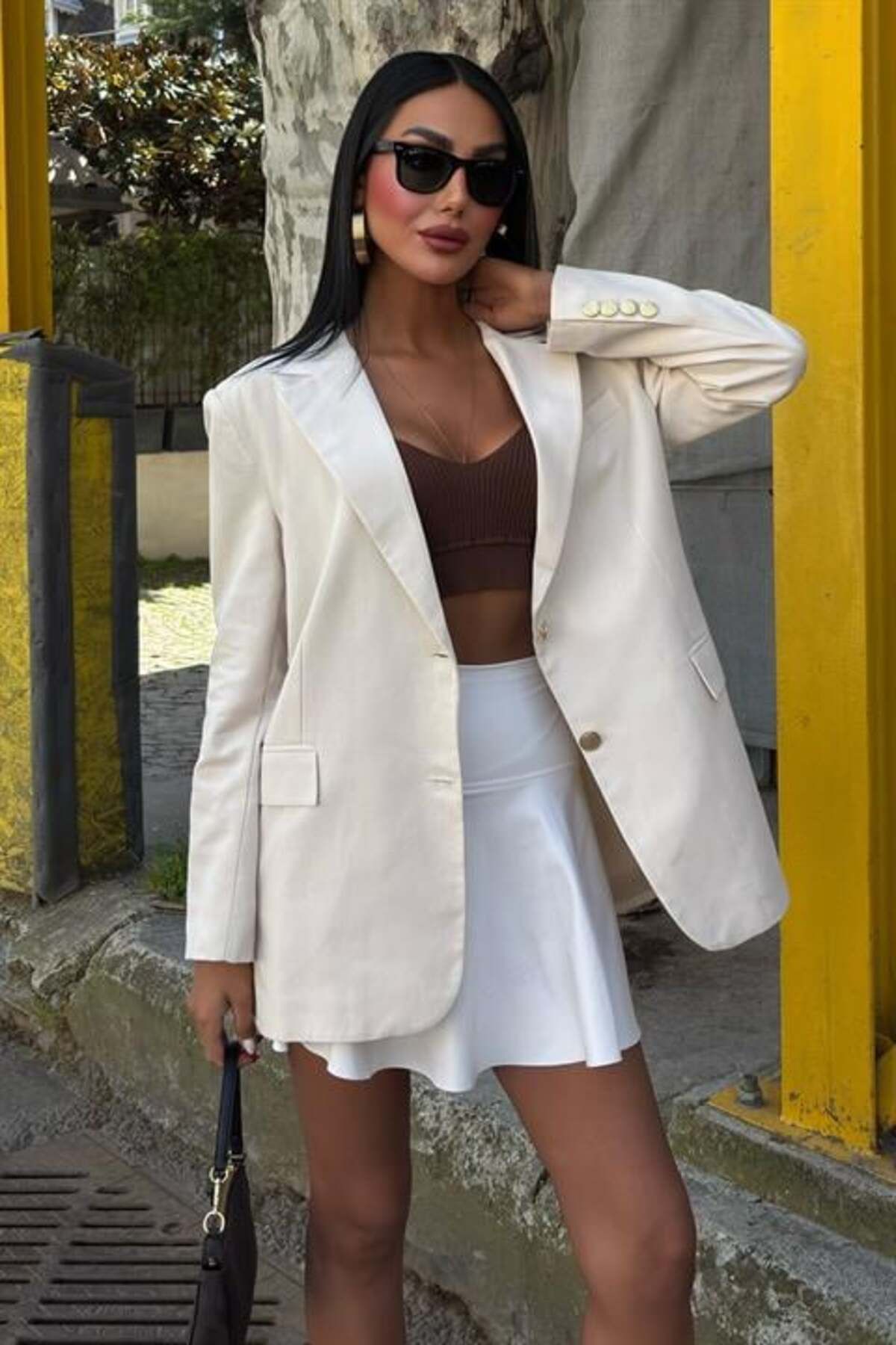 RICHMOST Uzun Kollu ve Düğme Kapamalı Kruvaze Yakalı Oversize Blazer Kadın Keten Ceket Ekru
