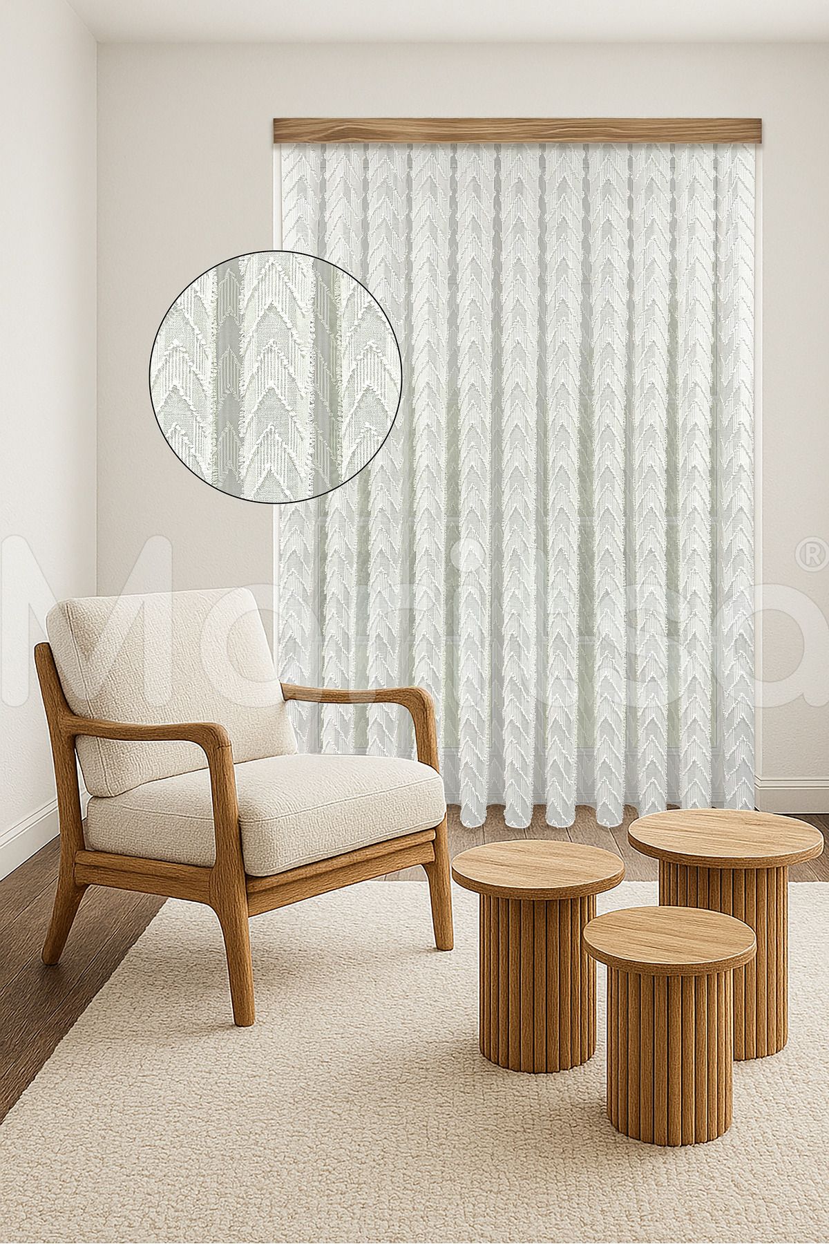 MARİTSA Tül Perde - İskandinav Serisi Bohem Viva Desen Keten Zemine Pamuk İşleme Ekru Sık Pile(1x3) Curtain