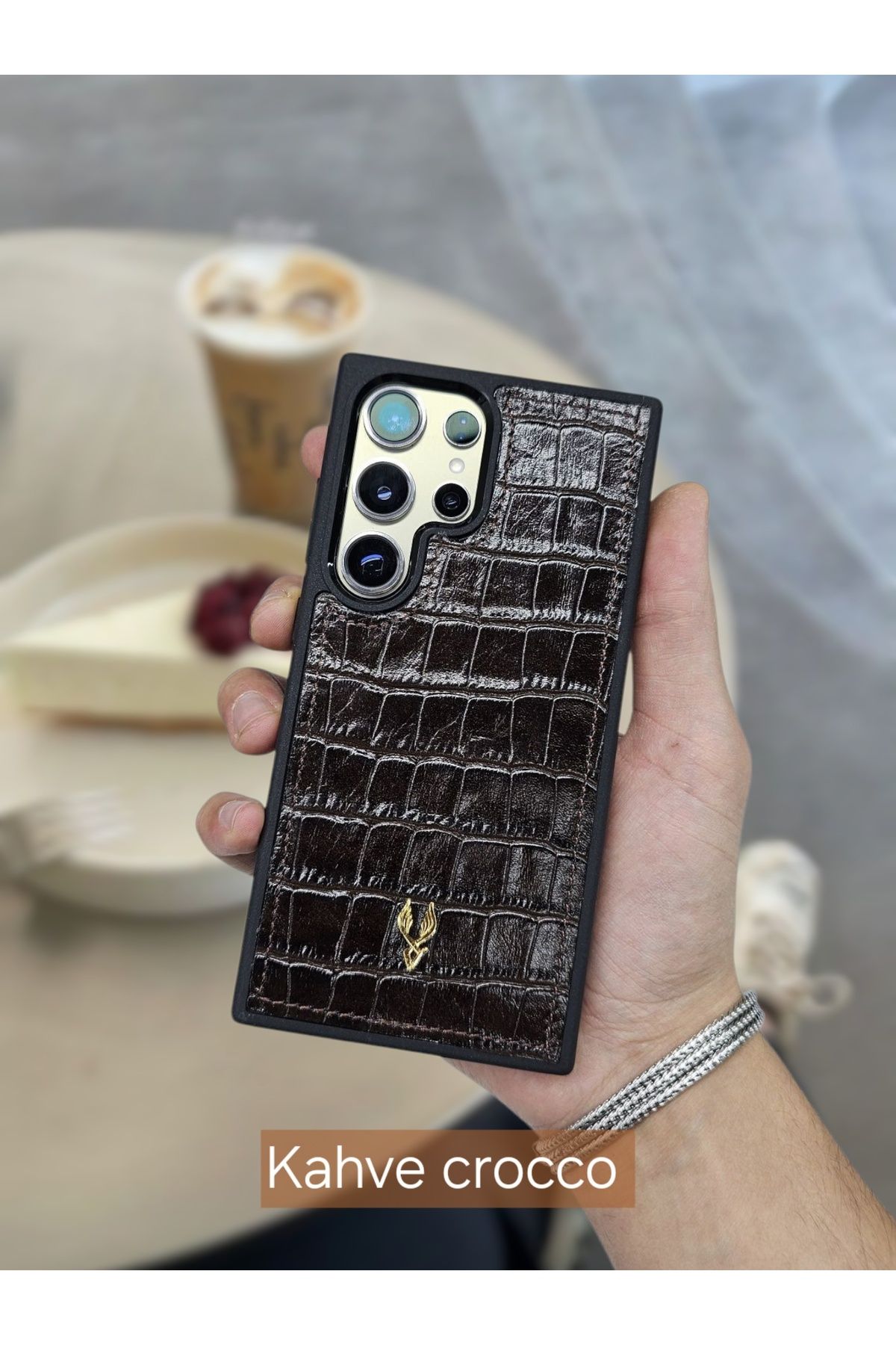 VİSSO Visso Hakiki Deri SAMSUNG GALAXY S23 ULTRA İsme Özel Deri Telefon Kılıfı UNİSEX KAHVE CROCO