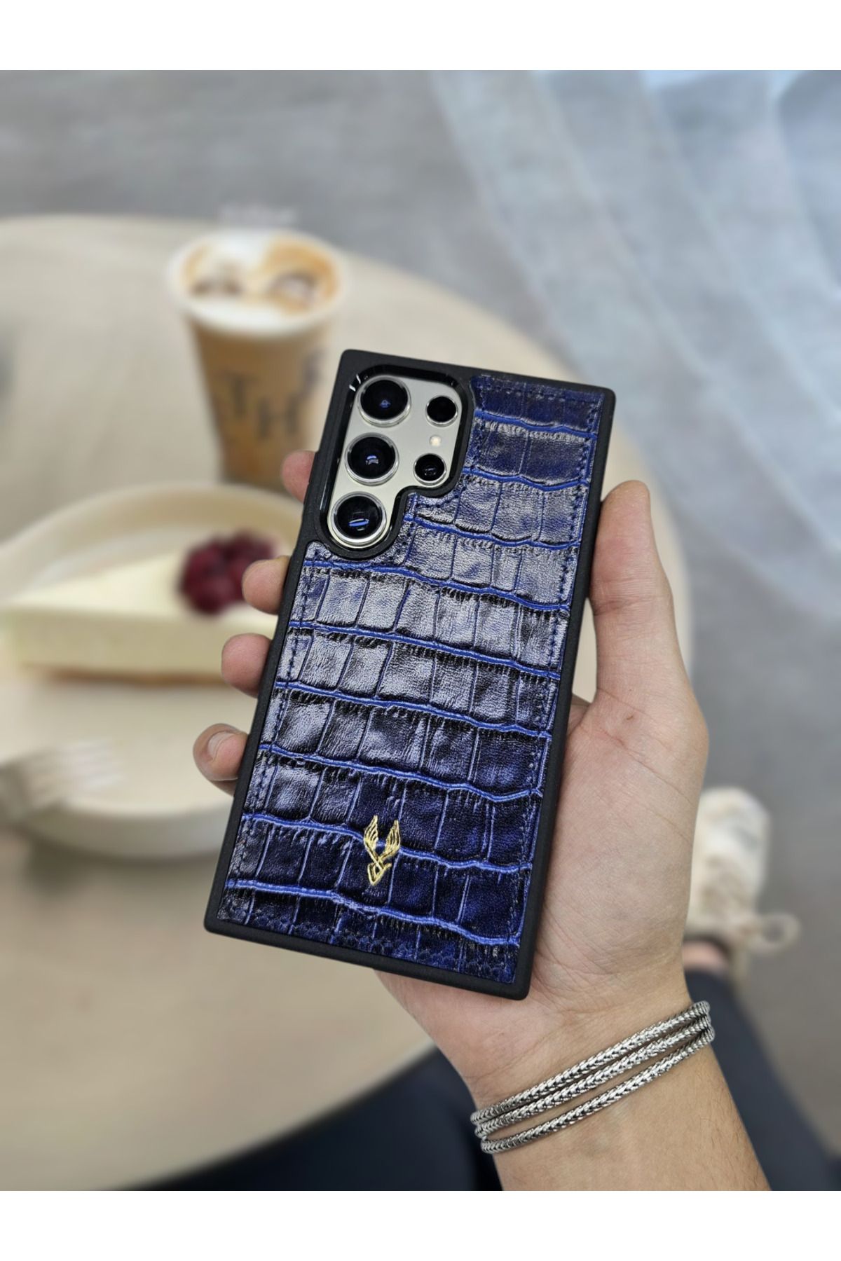 VİSSO Visso Hakiki Deri SAMSUNG GALAXY S23 ULTRA İsme Özel Deri Telefon Kılıfı UNİSEX LACİVERT CROCO