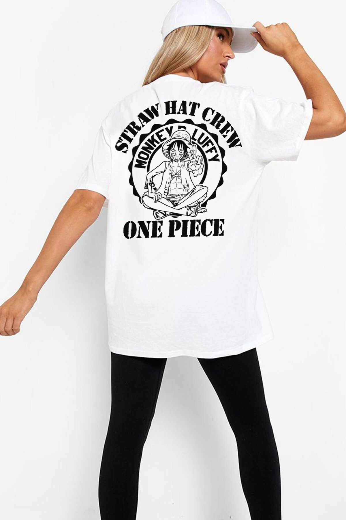 ROCKANDROLL One Piece Logo Beyaz Arka Baskılı Oversize Kadın T-shirt