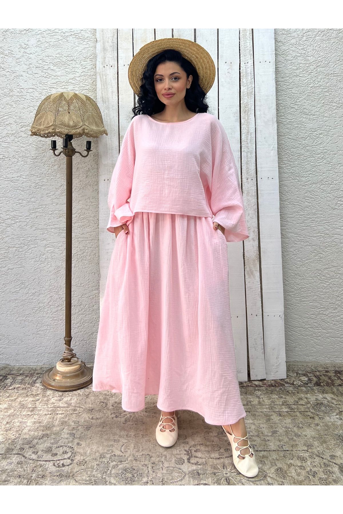 KÜÇÜĞÜM BUTİK Toz Pembe Müslin Salaş Bluz Ve Kloş Etek Takımı (2'Lİ TAKIM)