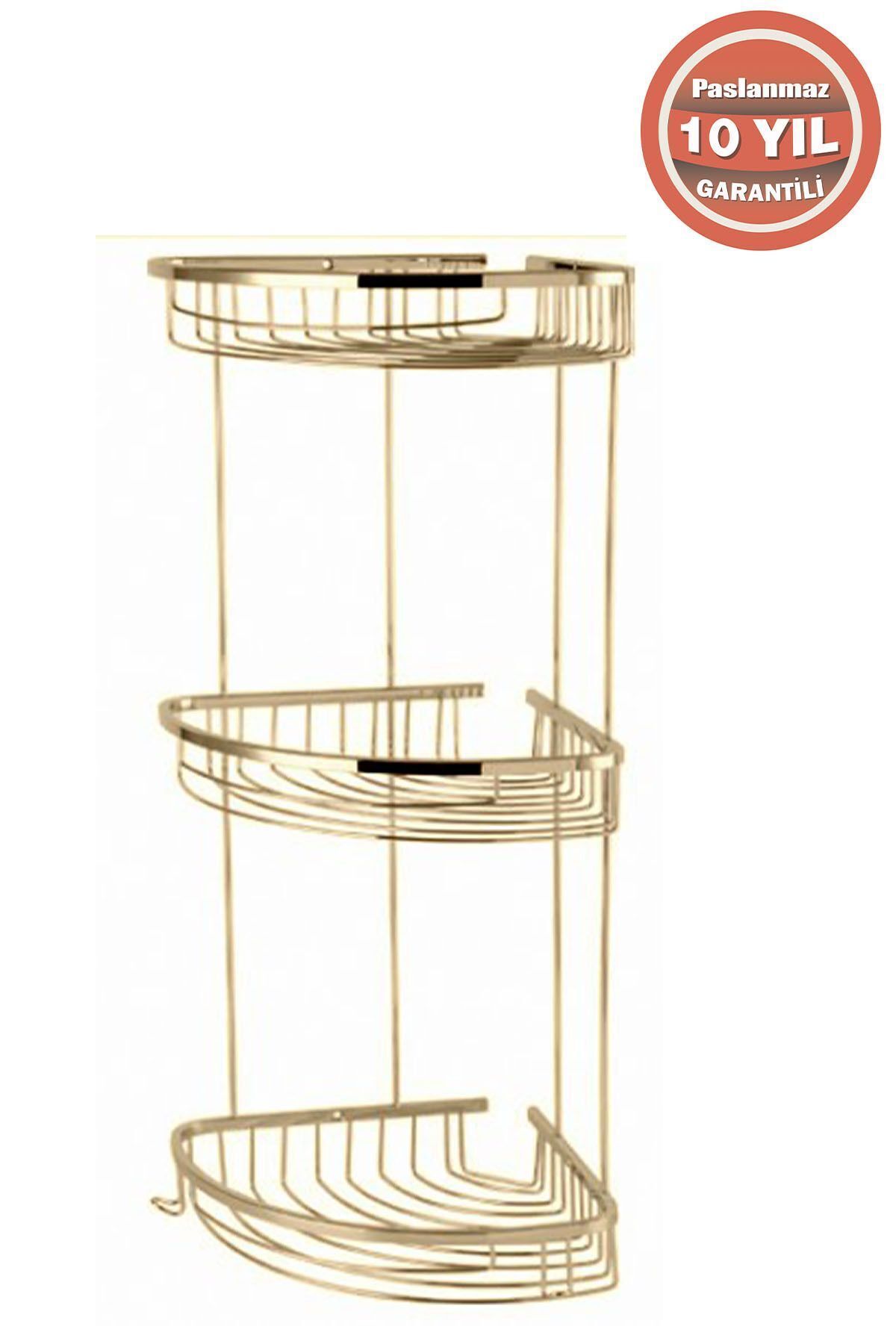 ÇELİK BANYO Paslanmaz Pirinç Destina 3'lü 22x22 Cm Şampuanlık Köşe Süngerlik Altın Gold