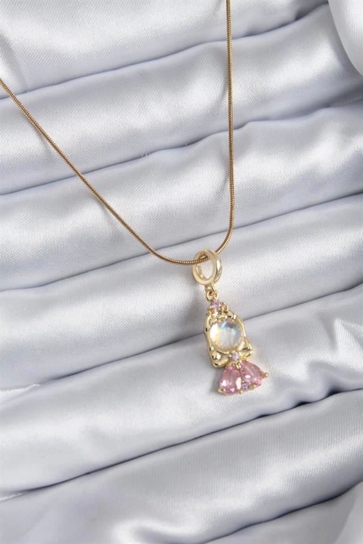 Lale Moda 316L Çelik Zincir Gold Renk Zirkon Taşlı Bebek Model Kadın Kolye