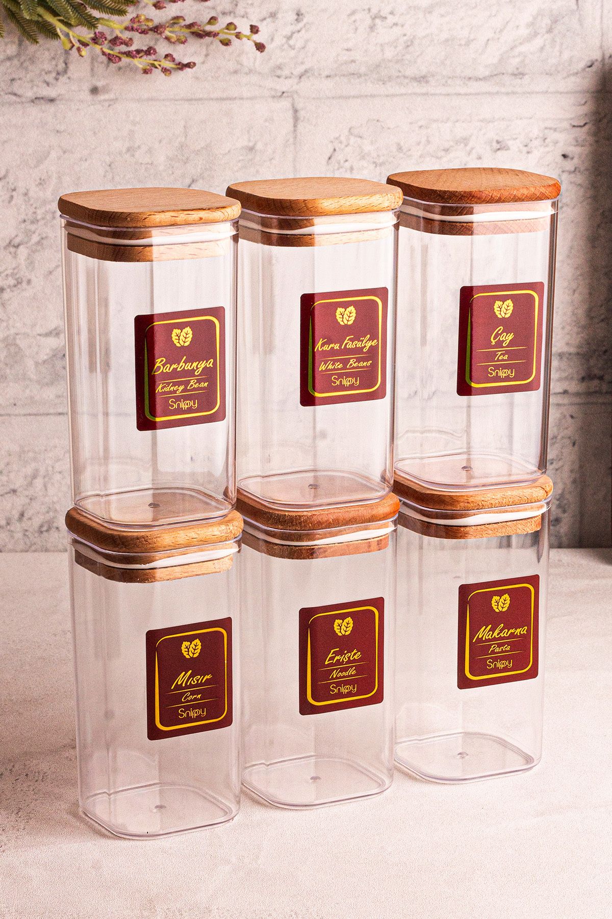 Snippy Boxy - 6'lı Ahşap Vakumlu Kapaklı Etiketli Baharatlık Takımı 350 ml - Erzak Saklama Kabı Seti