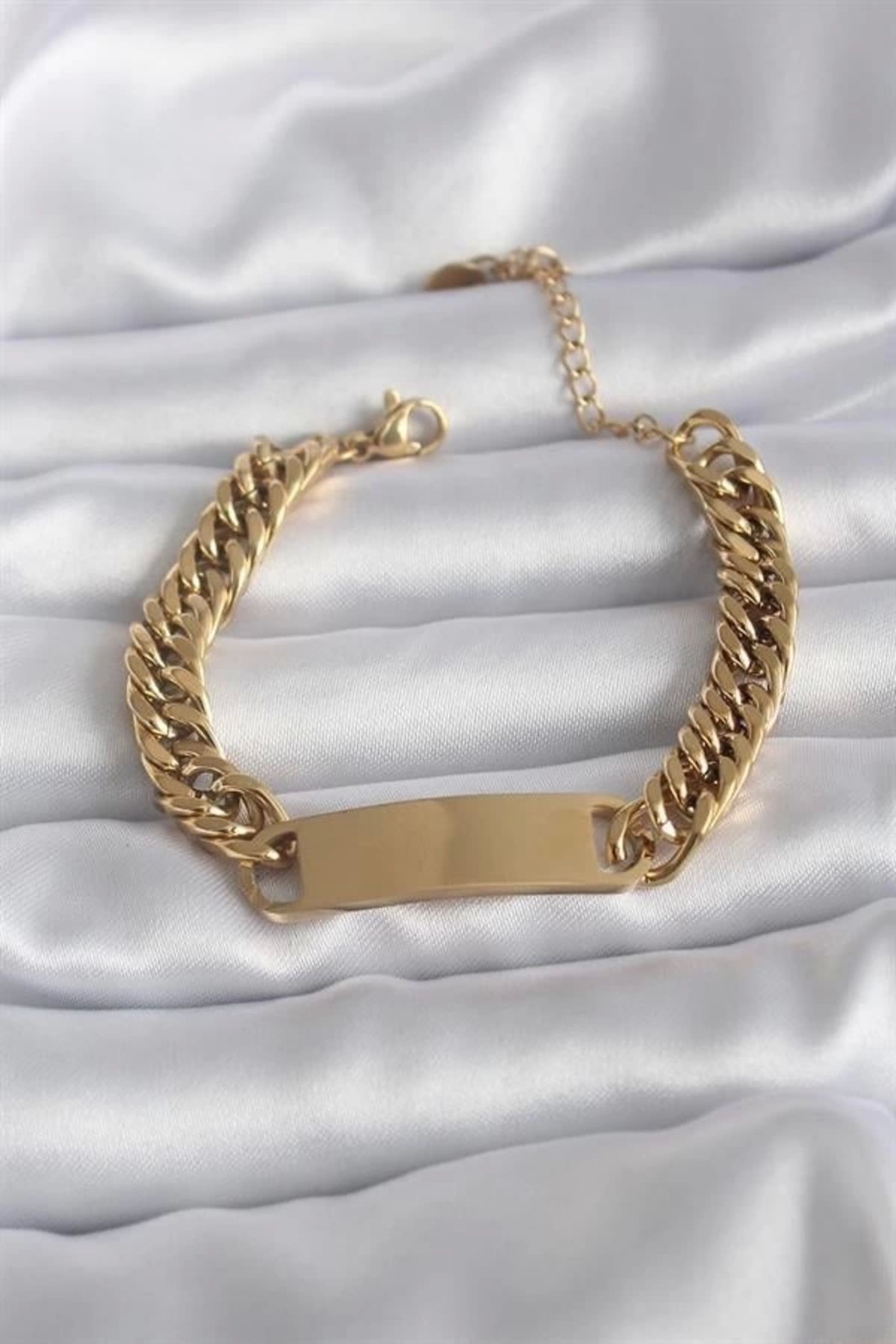 Lale Moda 316L Çelik Gold Renk İsim Yazılabilir Plaka Model Kadın Bileklik