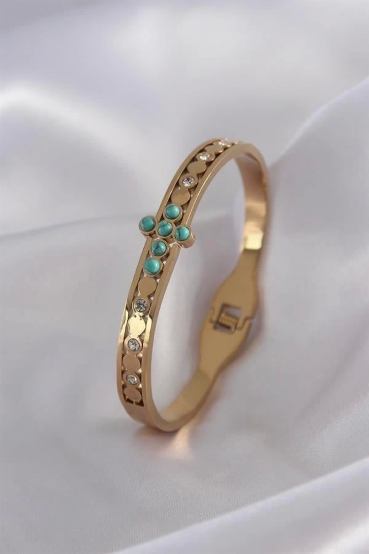 Lale Moda 316L Çelik Gold Renk Mavi Boncuk Detay Zirkon Taşlı Kadın Kelepçe