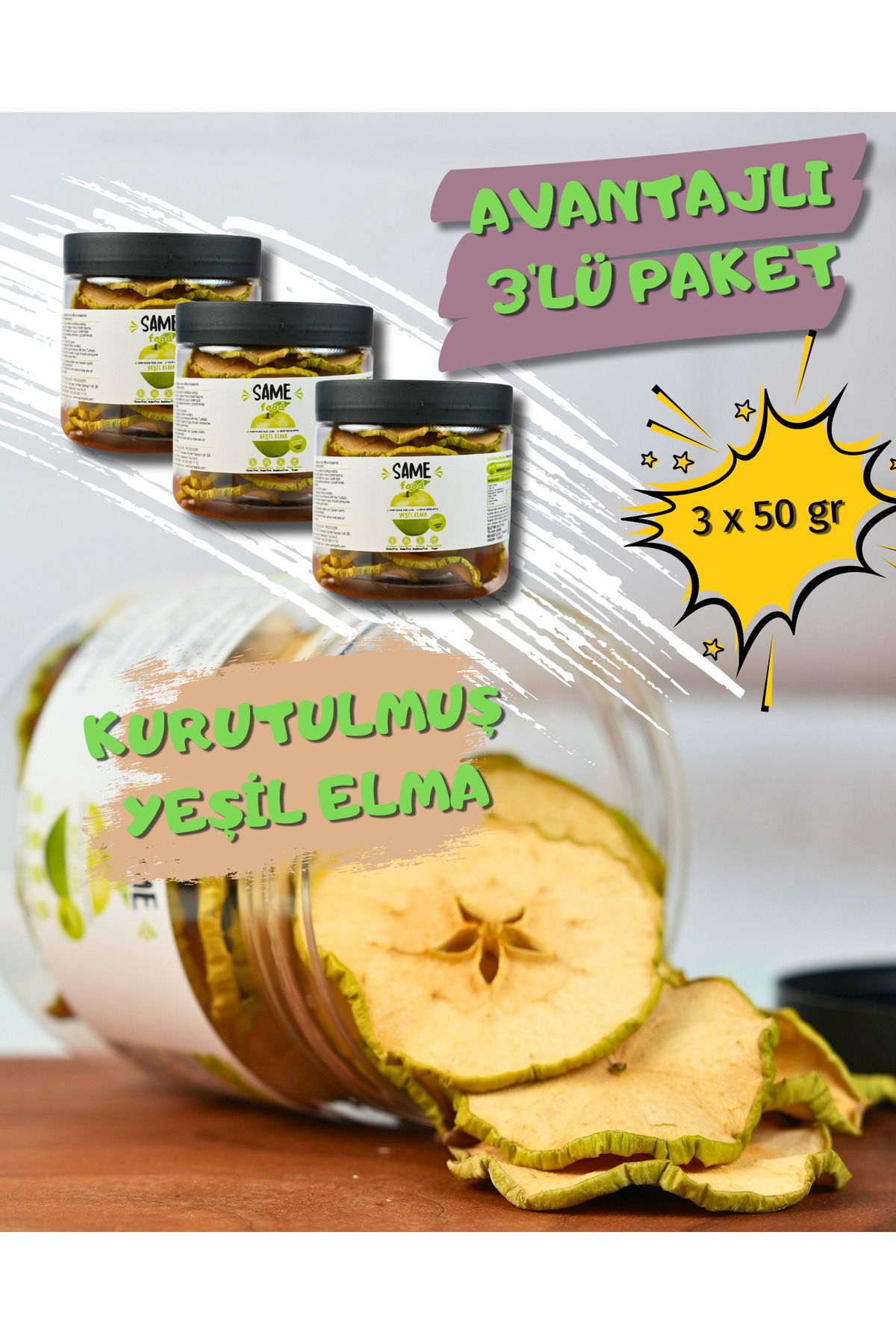 same food Doğal Katkısız Kurutulmuş Yeşil Elma Dilimleri 50gr Glutensiz, Şekersiz, Vegan Atıştırmalık Elma