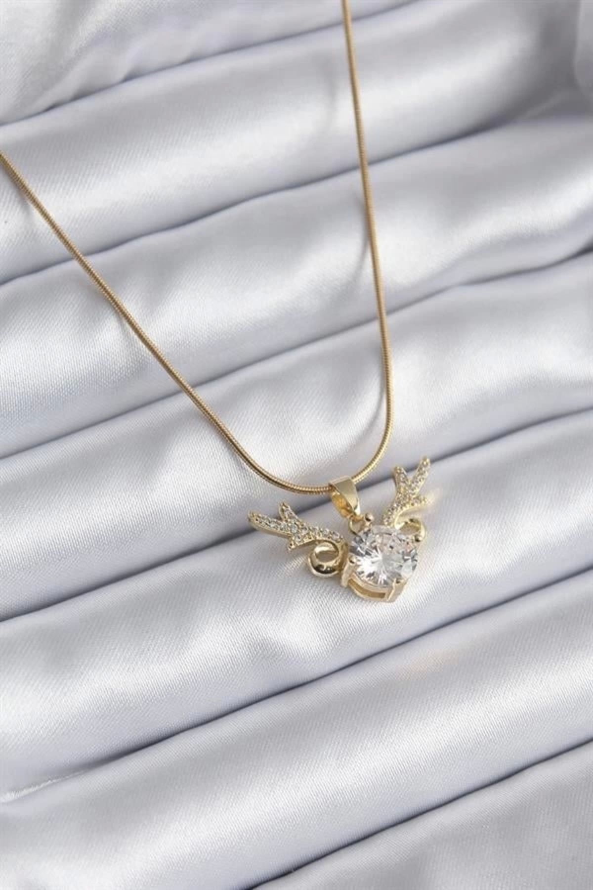 Lale Moda 316L Çelik Gold Renk Zirkon Taşlı Boynuz Model Kadın Kolye