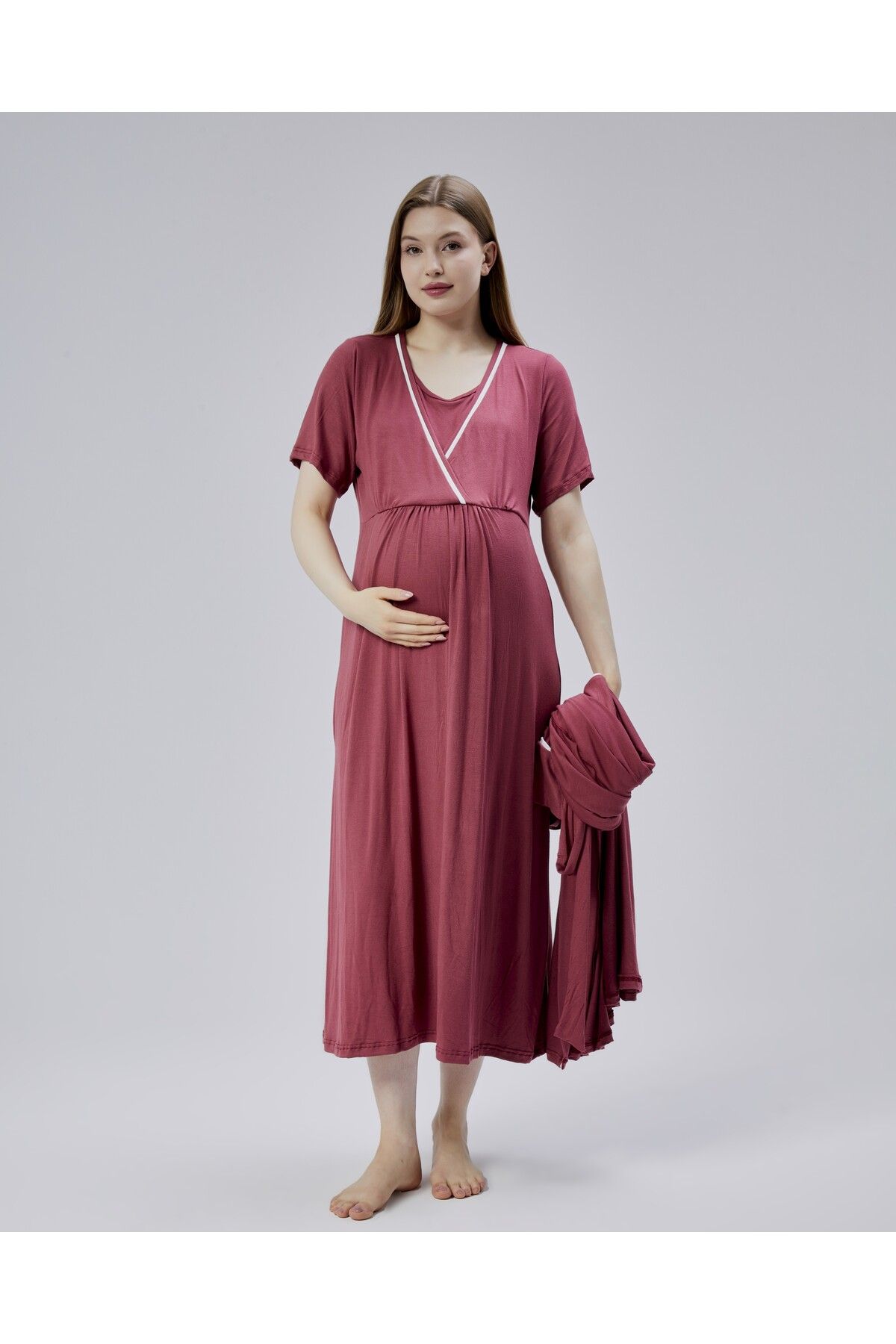 LOHOUSE-Women's Burgundy Ribbed Cotton Maternity Nightgown-Morning Gown Set of 2 2