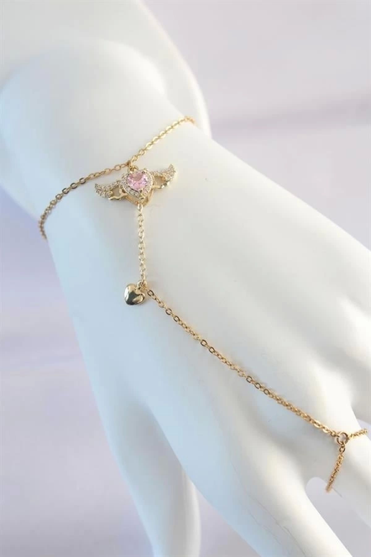Lale Moda 316L Çelik Gold Renk Pembe Zirkon Taşlı Kanatlı Kalp Model Şahmeran