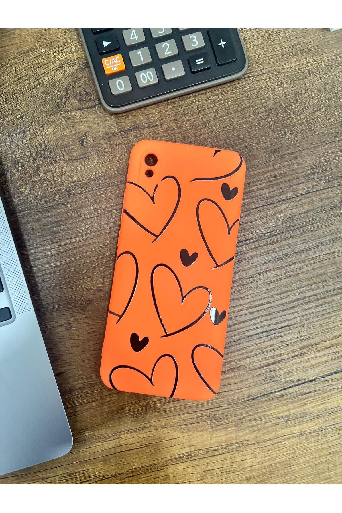 HZR Xiaomi Redmi 9A Kalp Desenli Turuncu Silikon Kılıf