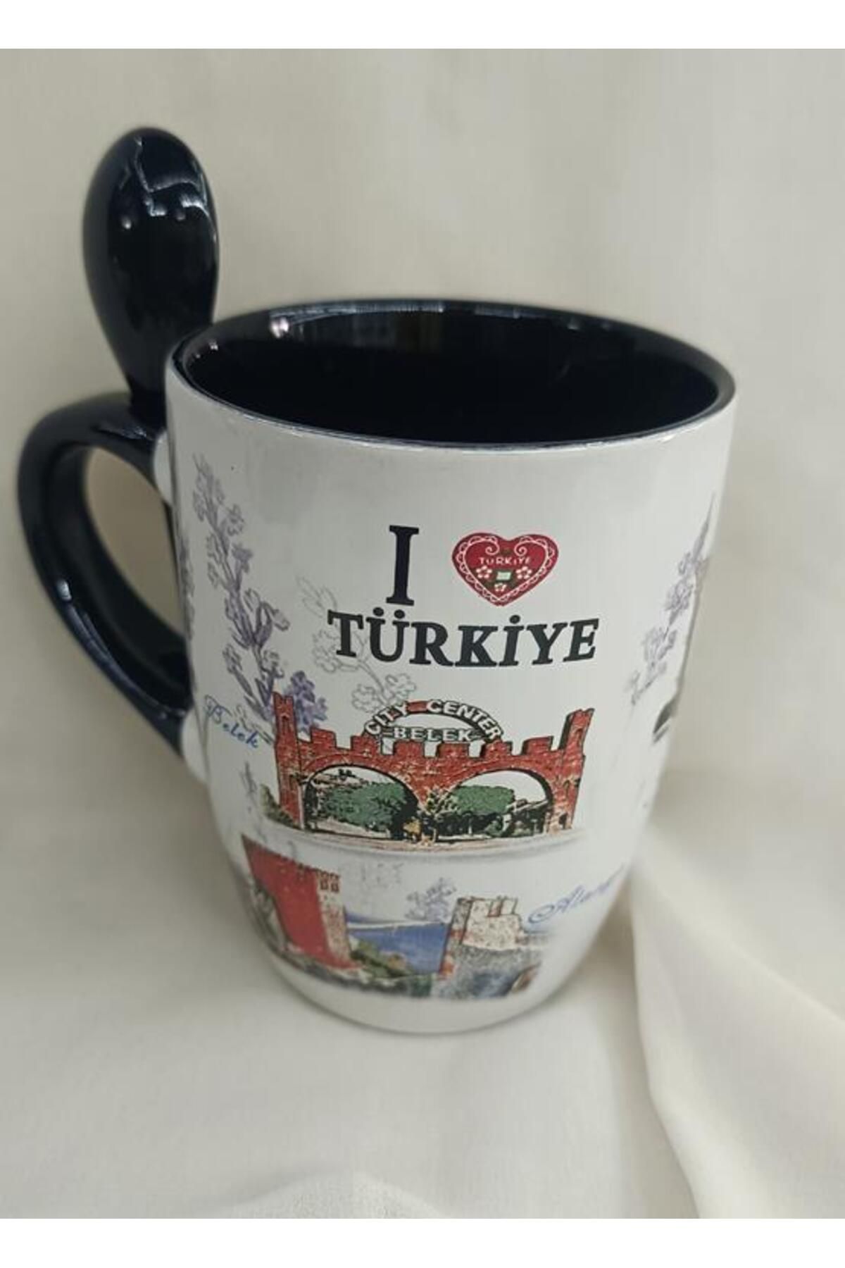 Hd Marketim Bardak Kupa Kaşıklı Kulplu Seramik Türkiye Yazılı Meşrubat Su Kahve Bardağı 340 ml Antalya Görselli