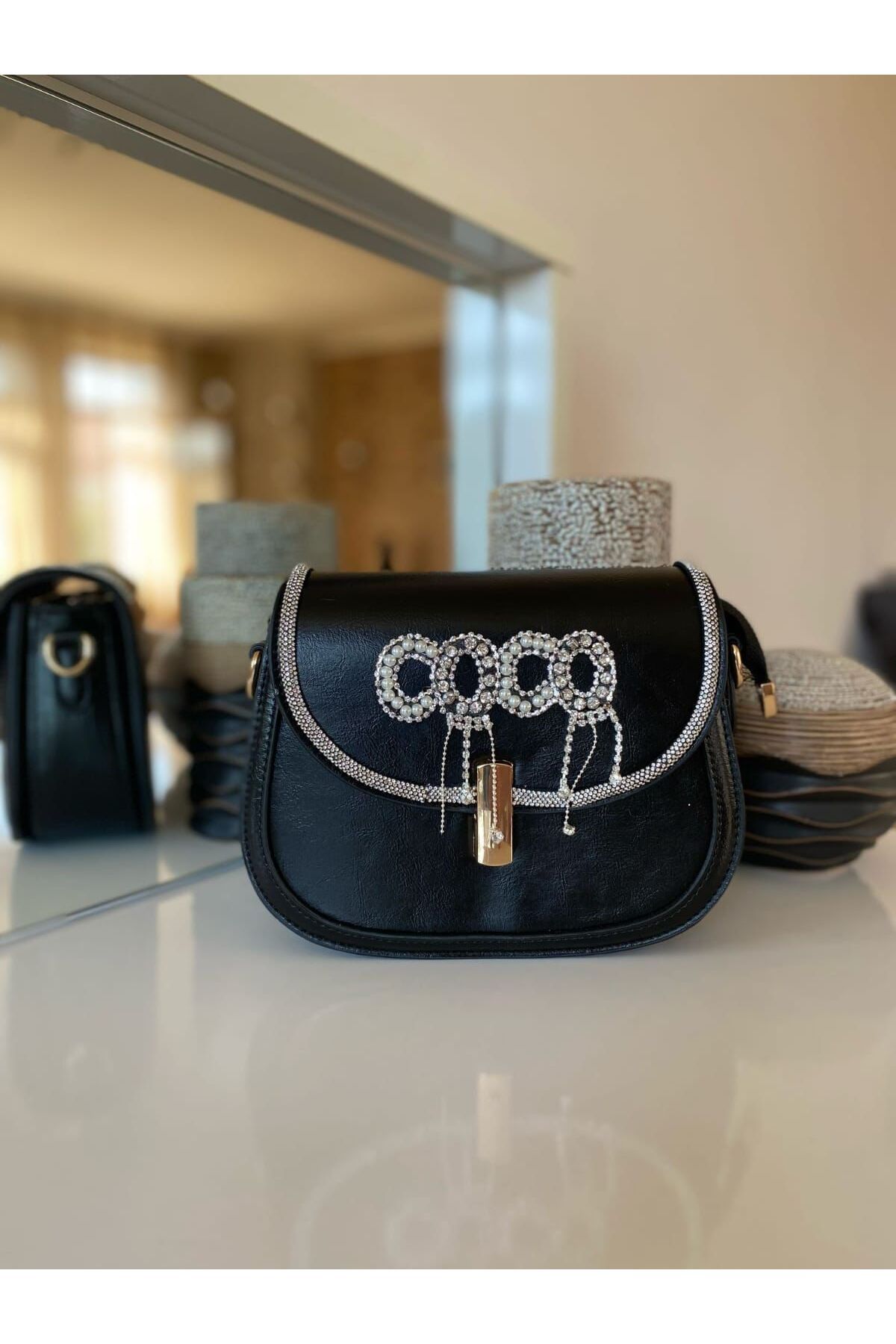 obenbags Taş Detaylı Siyah Kapitone Kadın Omuz ve Çapraz Çanta