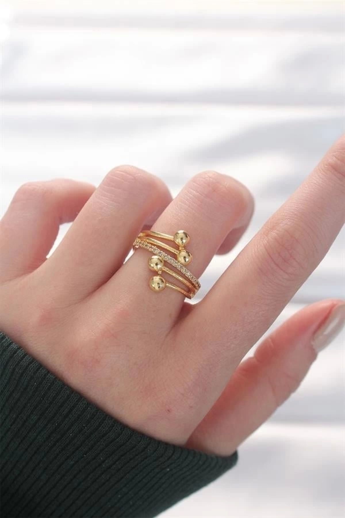 Lale Moda Topçuk Model Zirkon Taşlı Gold Renk Ayarlanabilir Yüzük