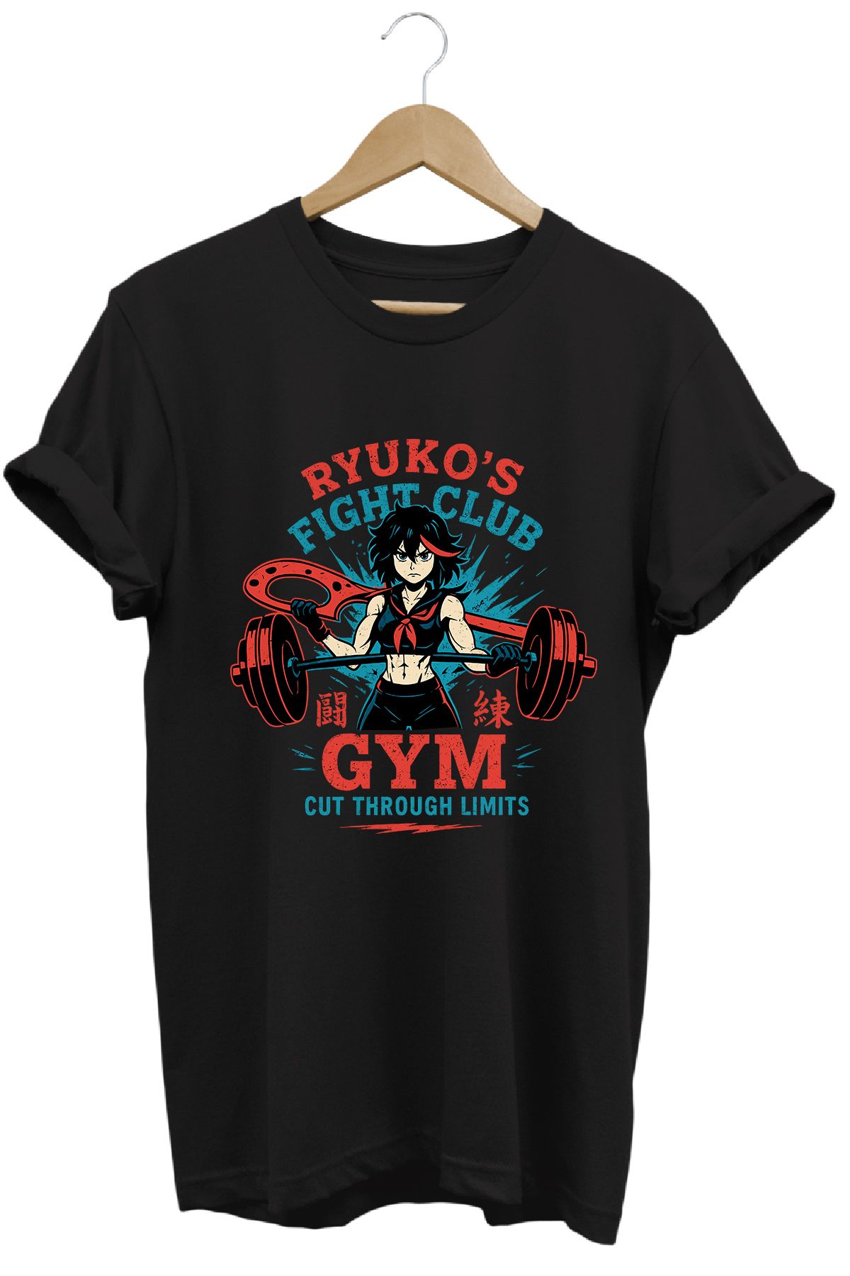 remonz Kadın Ryuko Matoi Gym Baskılı Regular Fit %100 Pamuklu Tişört Geniş Renk ve Beden