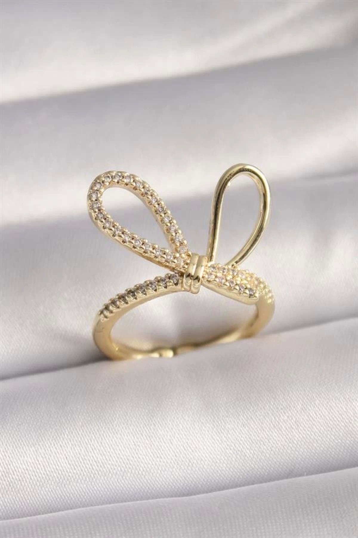 Lale Moda Gold Renk Zirkon Taşlı Düğüm Model Kadın Yüzük