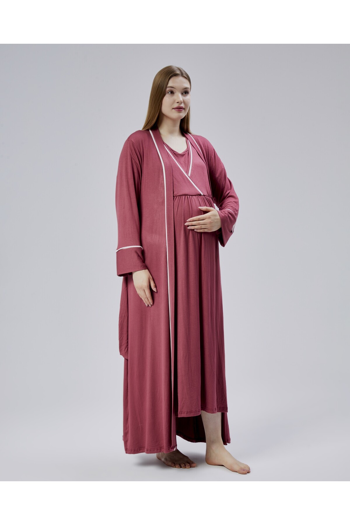 LOHOUSE-Women's Burgundy Ribbed Cotton Maternity Nightgown-Morning Gown Set of 2 7