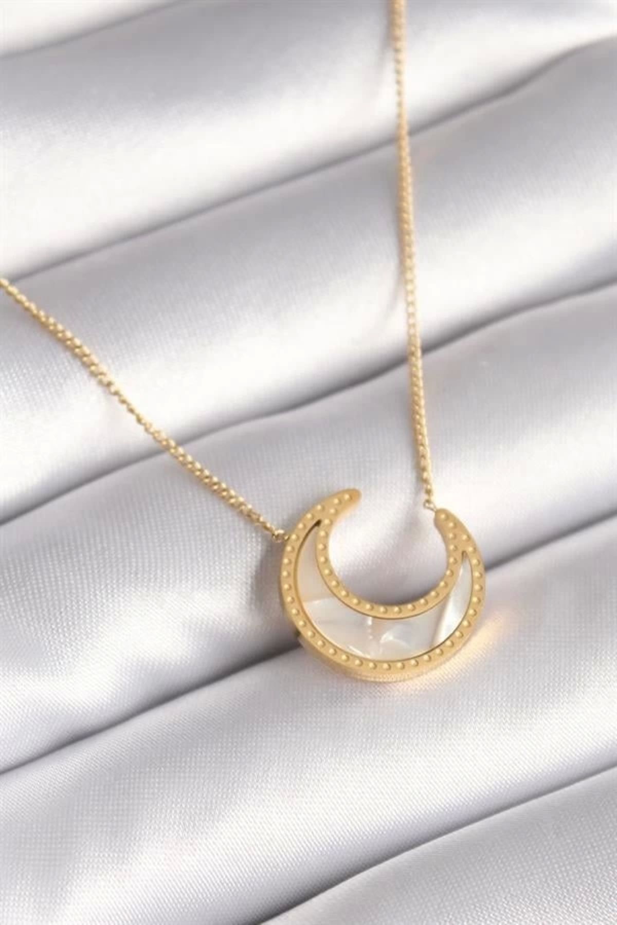 Lale Moda 316L Çelik Gold Renk Beyaz Sedefli Hilal Model Kadın Kolye