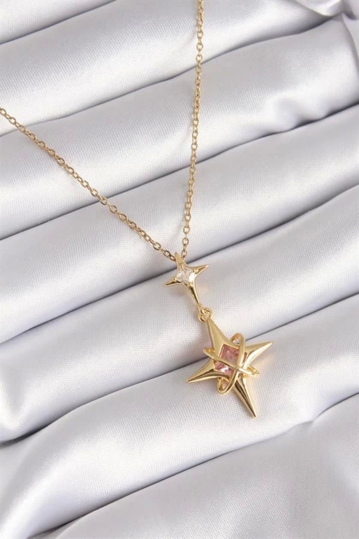 Lale Moda 316L Çelik Gold Renk Zirkon Taşlı Kutup Yıldızı Model Kadın Kolye