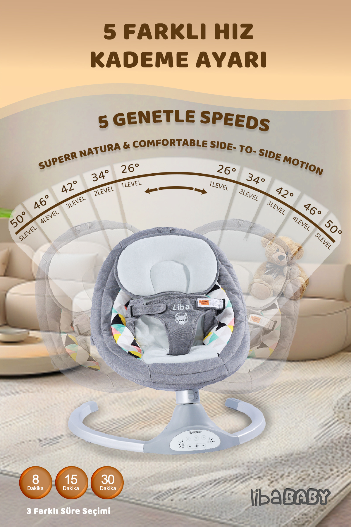 libaBABY KOALA Elite Elektrikli Bebek Ana Kucağı Bluetoothlu Otomatik Sallanan Müzikli Kumandalı + Keçe çanta fotoğrafı 2 (önizleme)