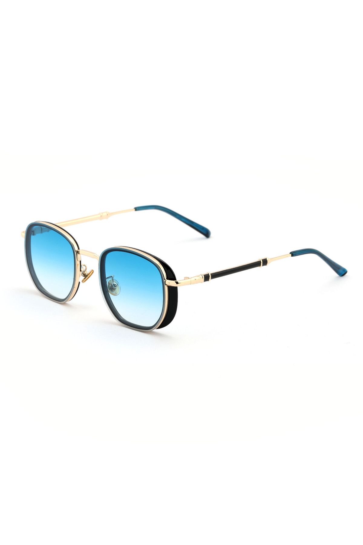 Angel Eyes Geometrik Tasarım Gold Siyah Çerçeve Mavi Cam Kadın%Erkek Güneş Gözlüğü CE BELGELİ UV400