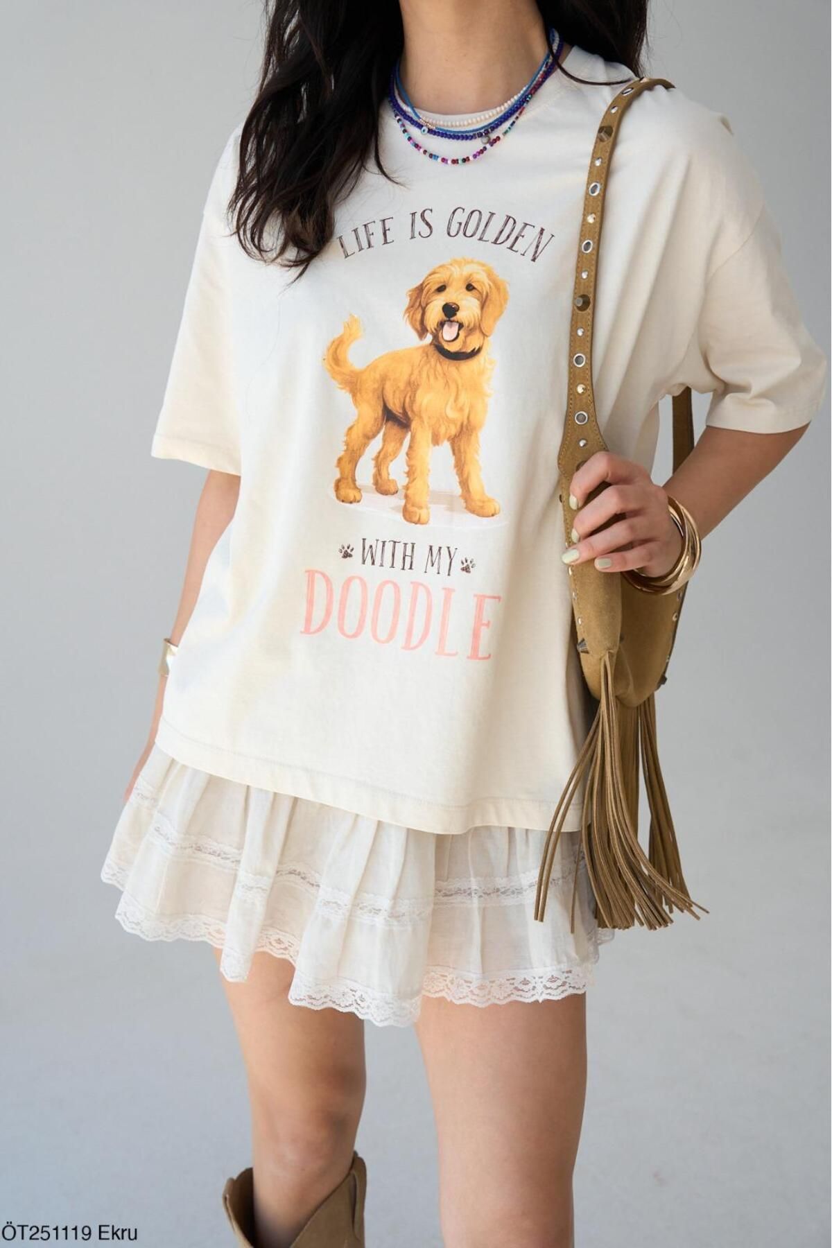 Lupies Kadın Doodle Köpek Baskılı Oversize Pamuk T-Shirt