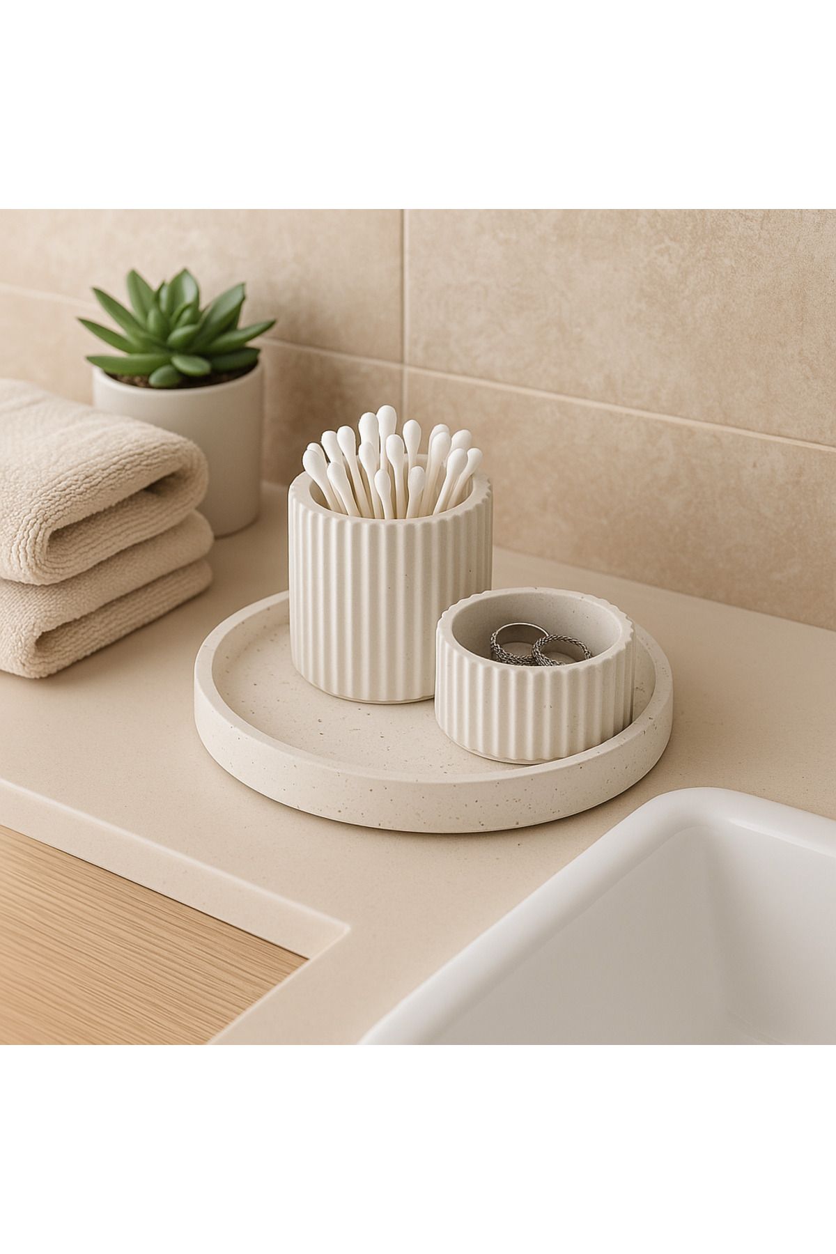 Ecomuse Home Beton Banyo Organizer Seti – Yuvarlak Tepsi & Pamuk Çubukluk & Takı Tabağı | Minimal İskandinav