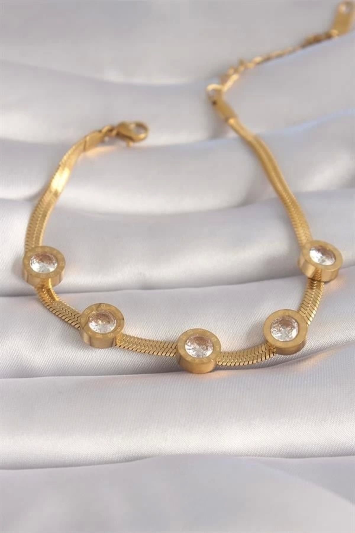 Lale Moda 316L Çelik Gold Renk Zirkon Taşlı İtalyan Zincir Model Kadın Bileklik