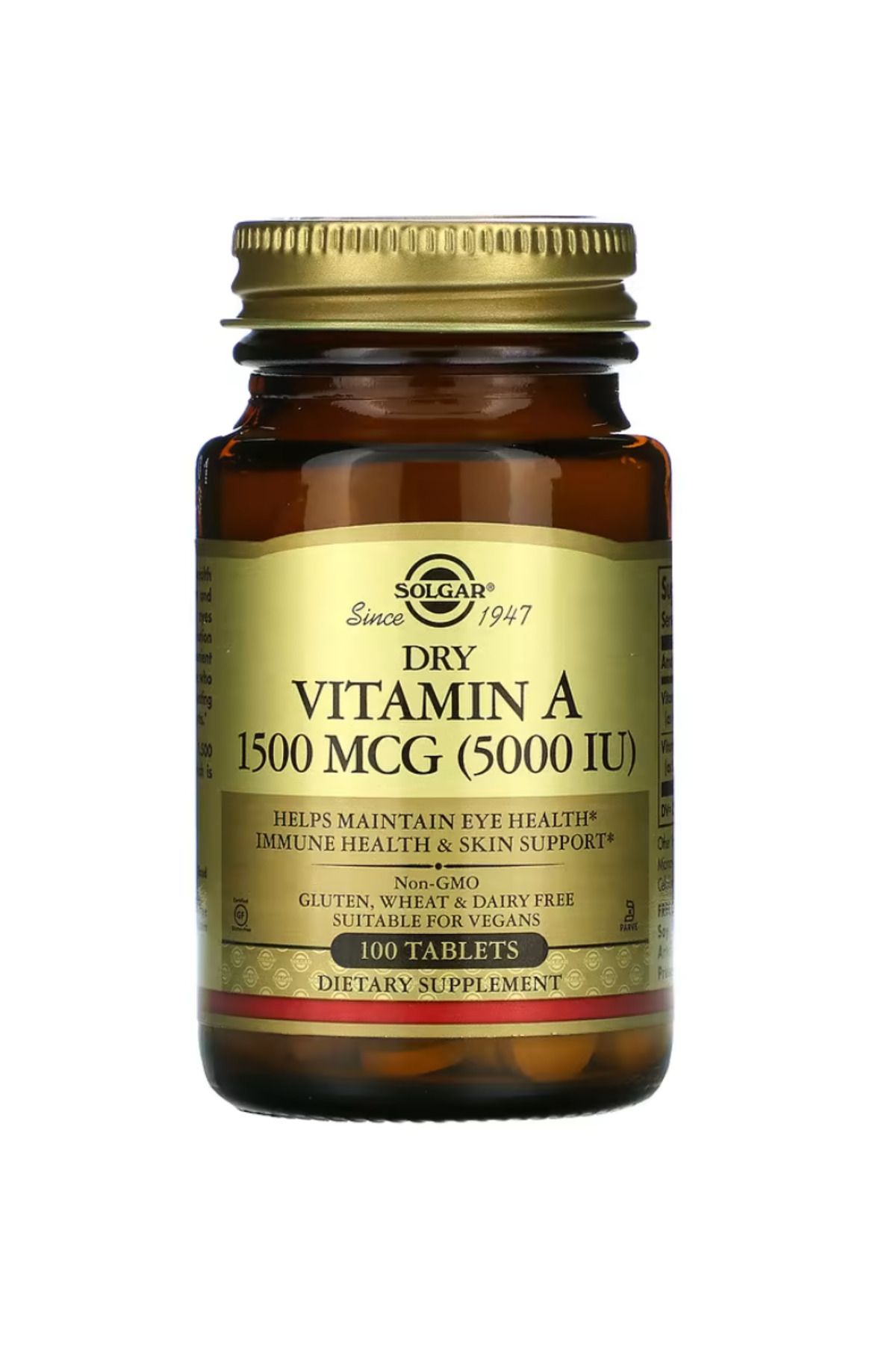 SOL Solgar, Dry Vitamin A, 1,500 mcg (5,000 IU), 100 Tablets