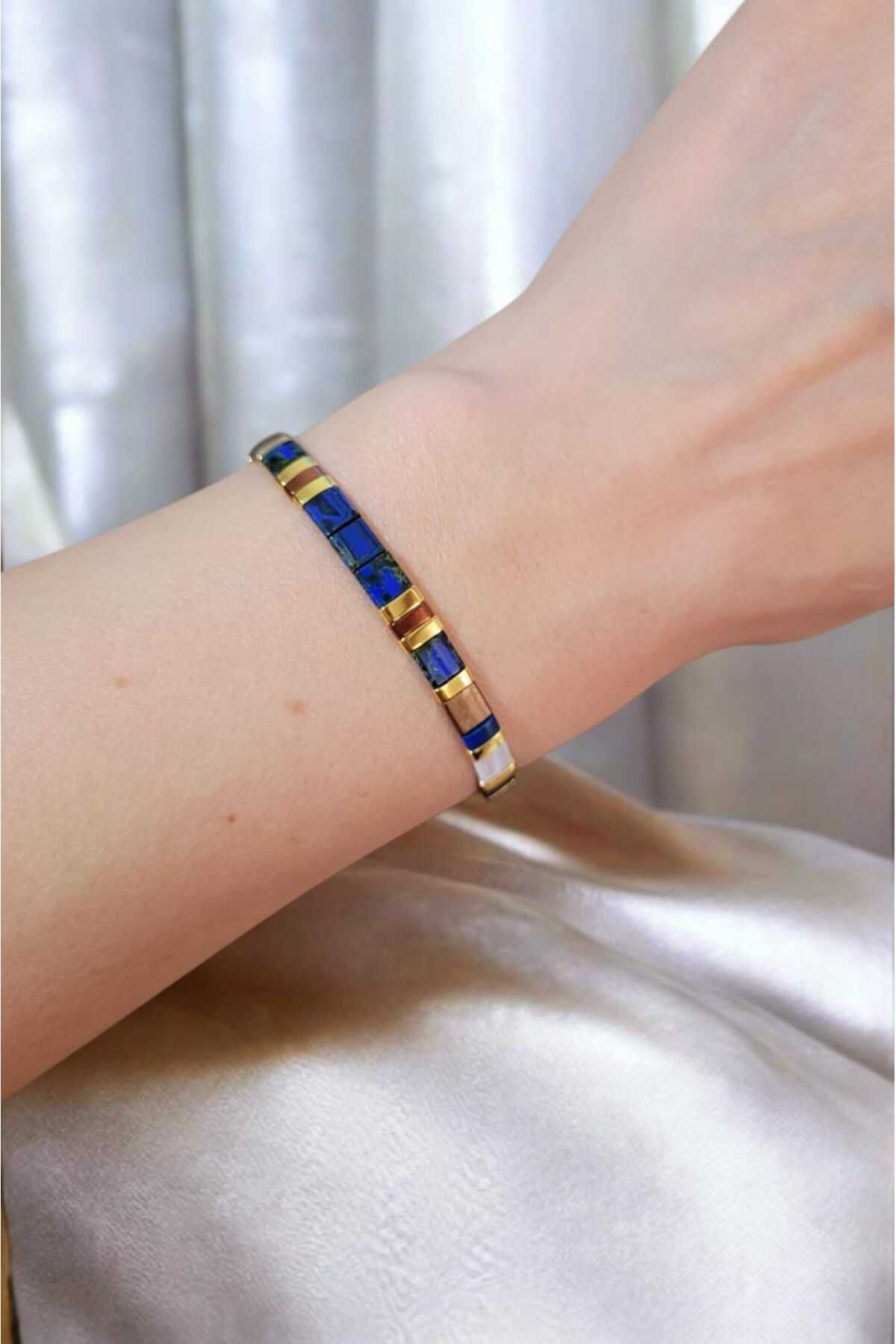 Atölye Olcay Eser Tila Kahve Bronz Kırçıllı Lacivert Tonları Tasarım Minimal Unisex Bileklik