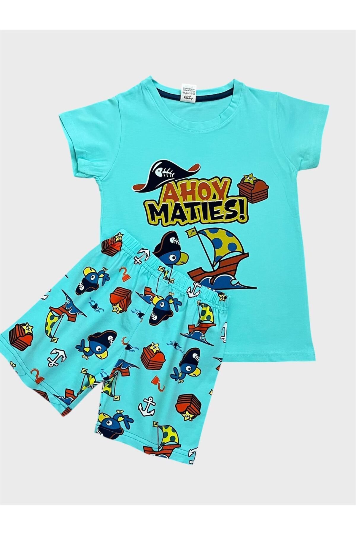 tusem butik homewear Erkek Çocuk %100 Pamuklu Mavi Yelken Desenli Kısa Kollu Şortlu Yazlık Pijama Takımı