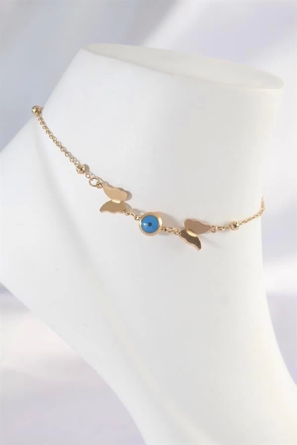 Lale Moda 316L Çelik Gold Renk Nazar Boncuk Detay Kelebek Halhal