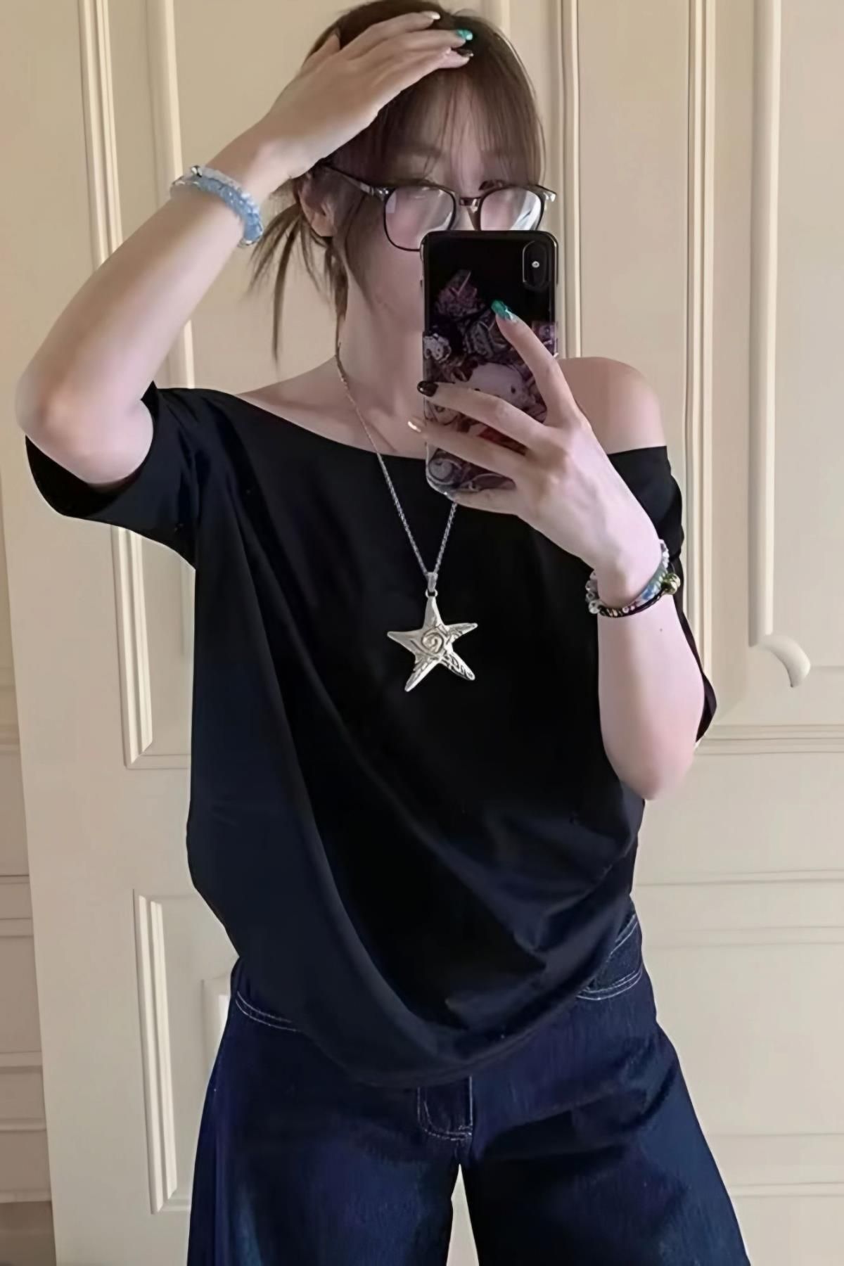 Carpe Black Düşük Omuz Oversize T-shirt