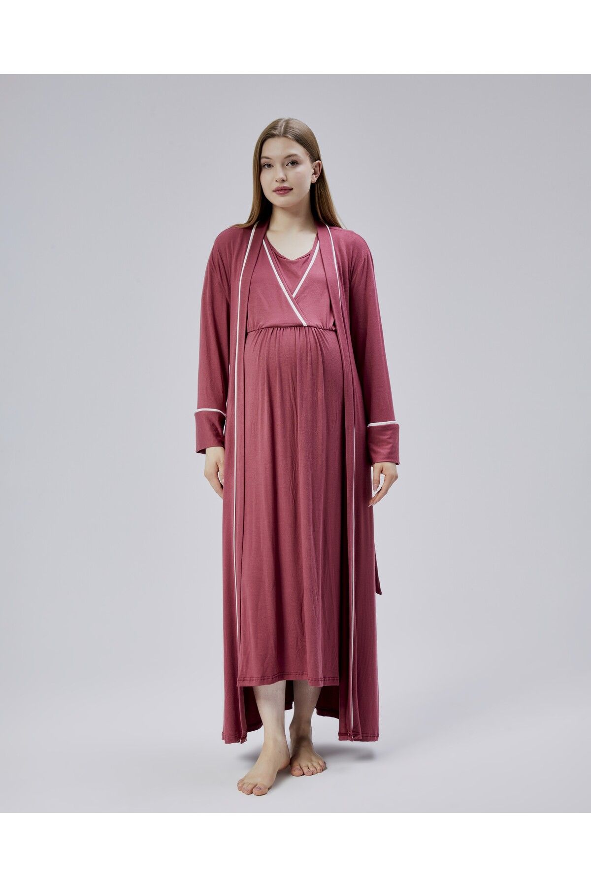LOHOUSE-Women's Burgundy Ribbed Cotton Maternity Nightgown-Morning Gown Set of 2 5