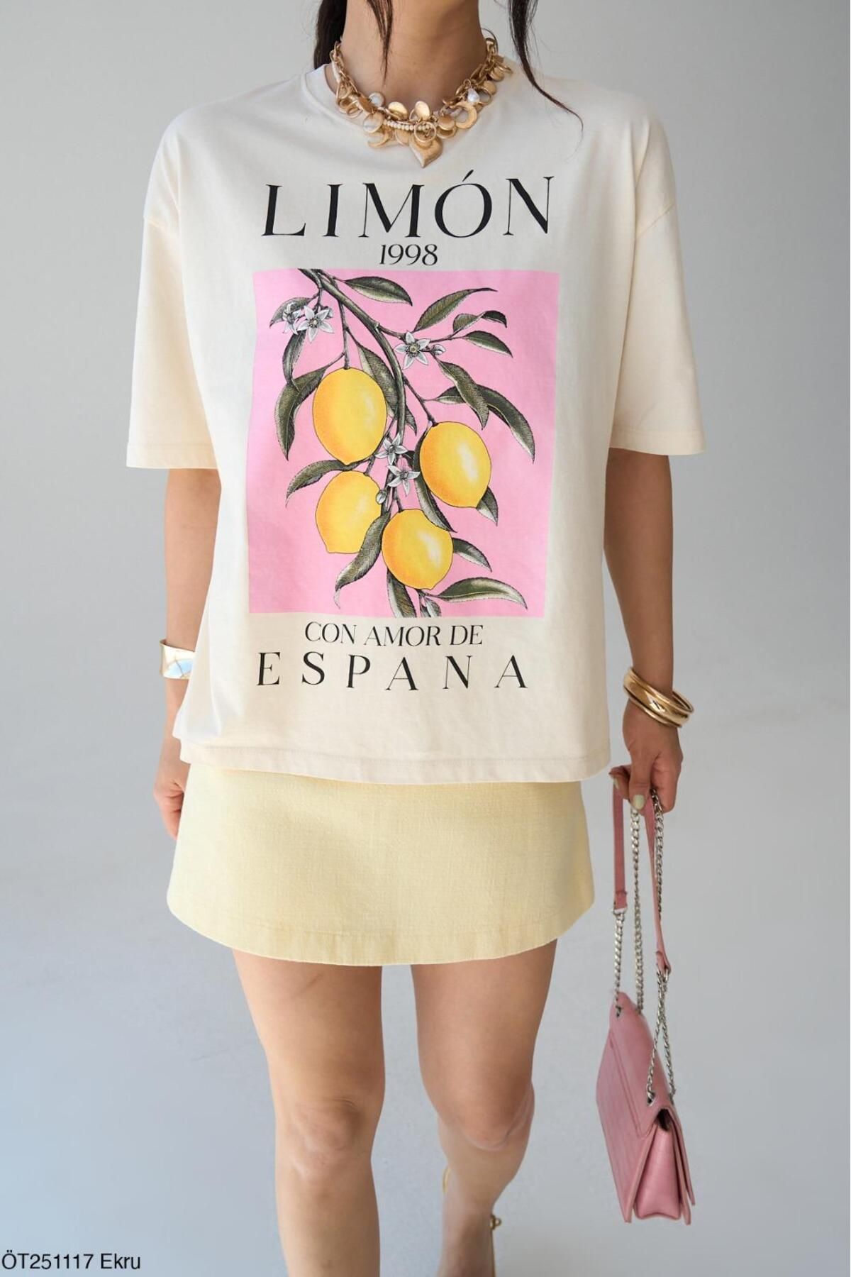 Lupies Kadın Limon Yazı Baskılı Oversize Pamuk T-Shirt