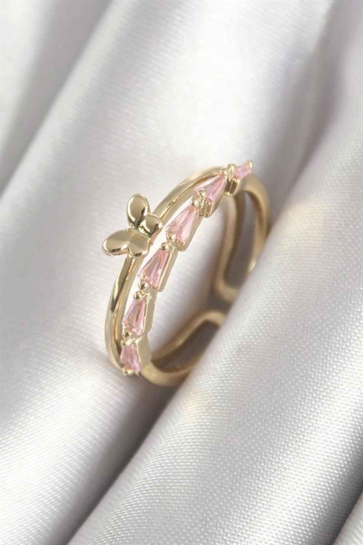 Lale Moda Pirinç Gold Renk Zirkon Taşlı Kelebek Figür Kadın Yüzük
