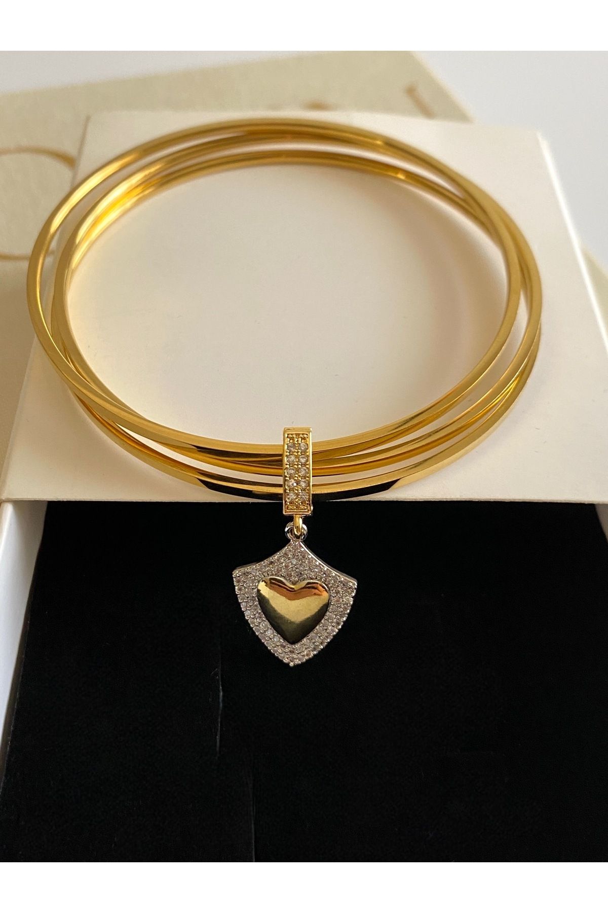 FIERA JEWELRY Kalp Charm Detay 3 Lü Çelik Ajda Bilezik 65mm