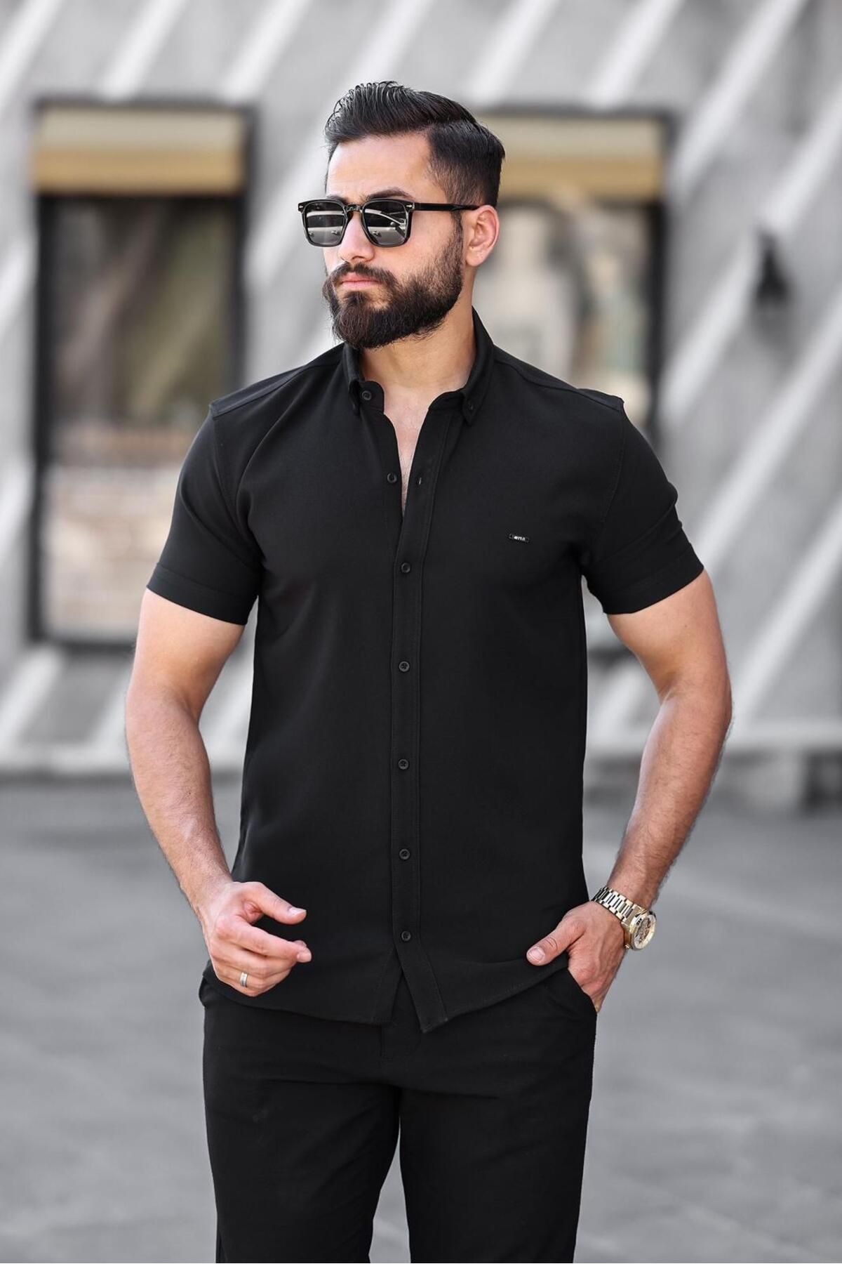 Artı1 Slim Fit Kısa Kollu Kolay Ütü Teri Emen Nefes Alan Timsah Nakışlı Dört Mevsim Erkek Gömlek