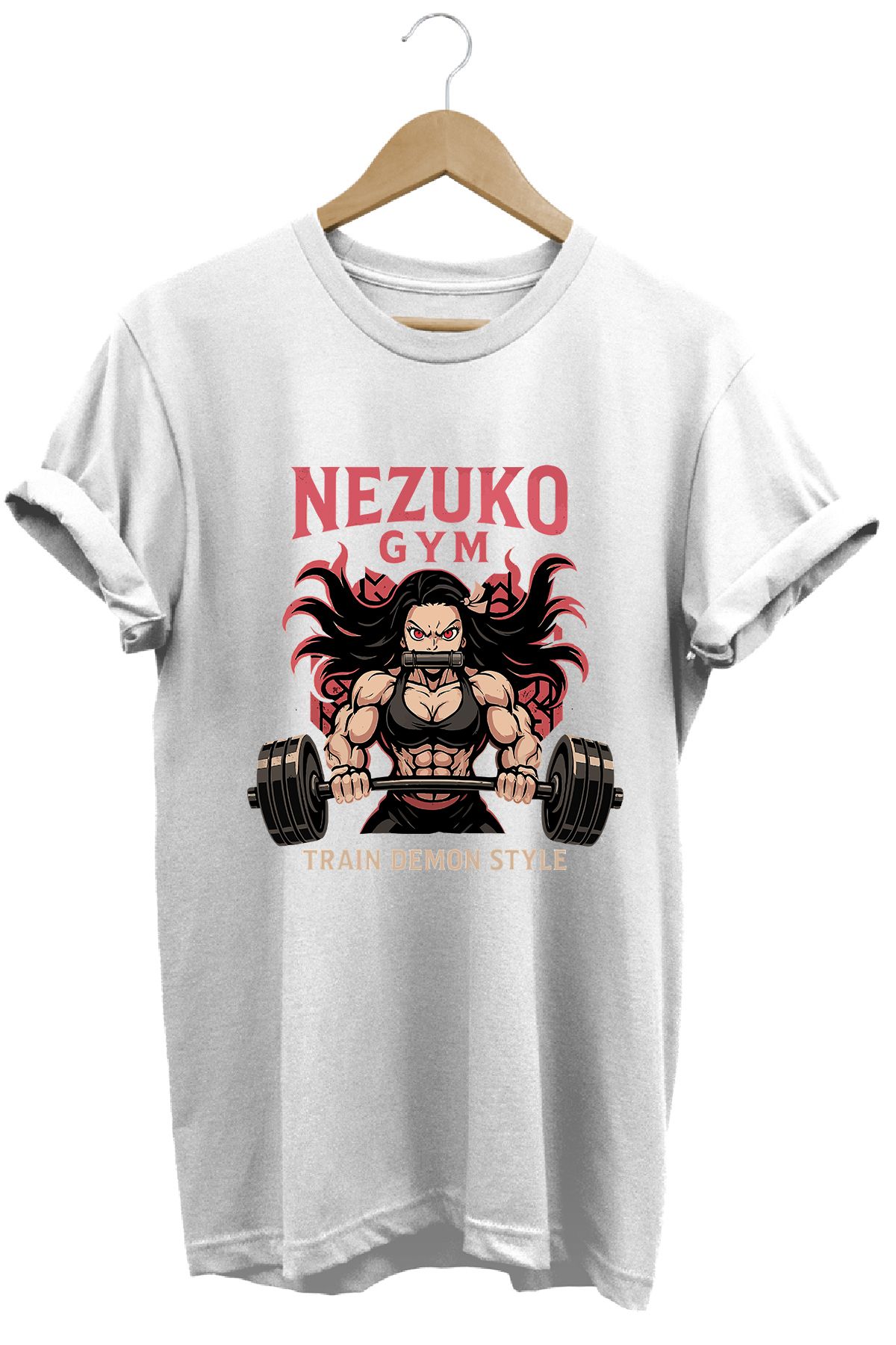 remonz Kadın Nezuko Gym Baskılı Regular Fit %100 Pamuklu Tişört Geniş Renk ve Beden