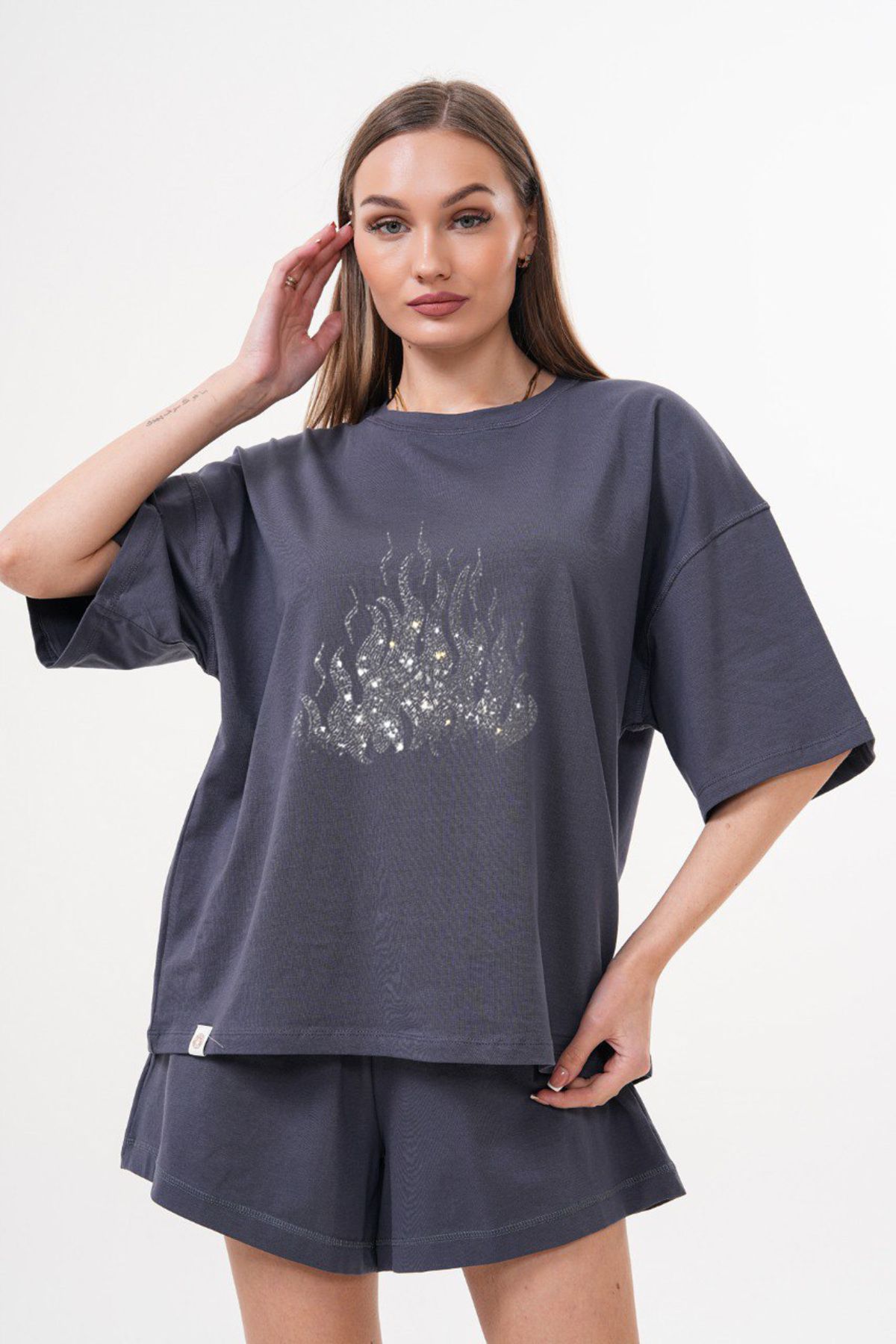 LOU MODA -KADIN TAŞ BASKILI TSHIRT-ŞORT TAKIMI OVERSİZE