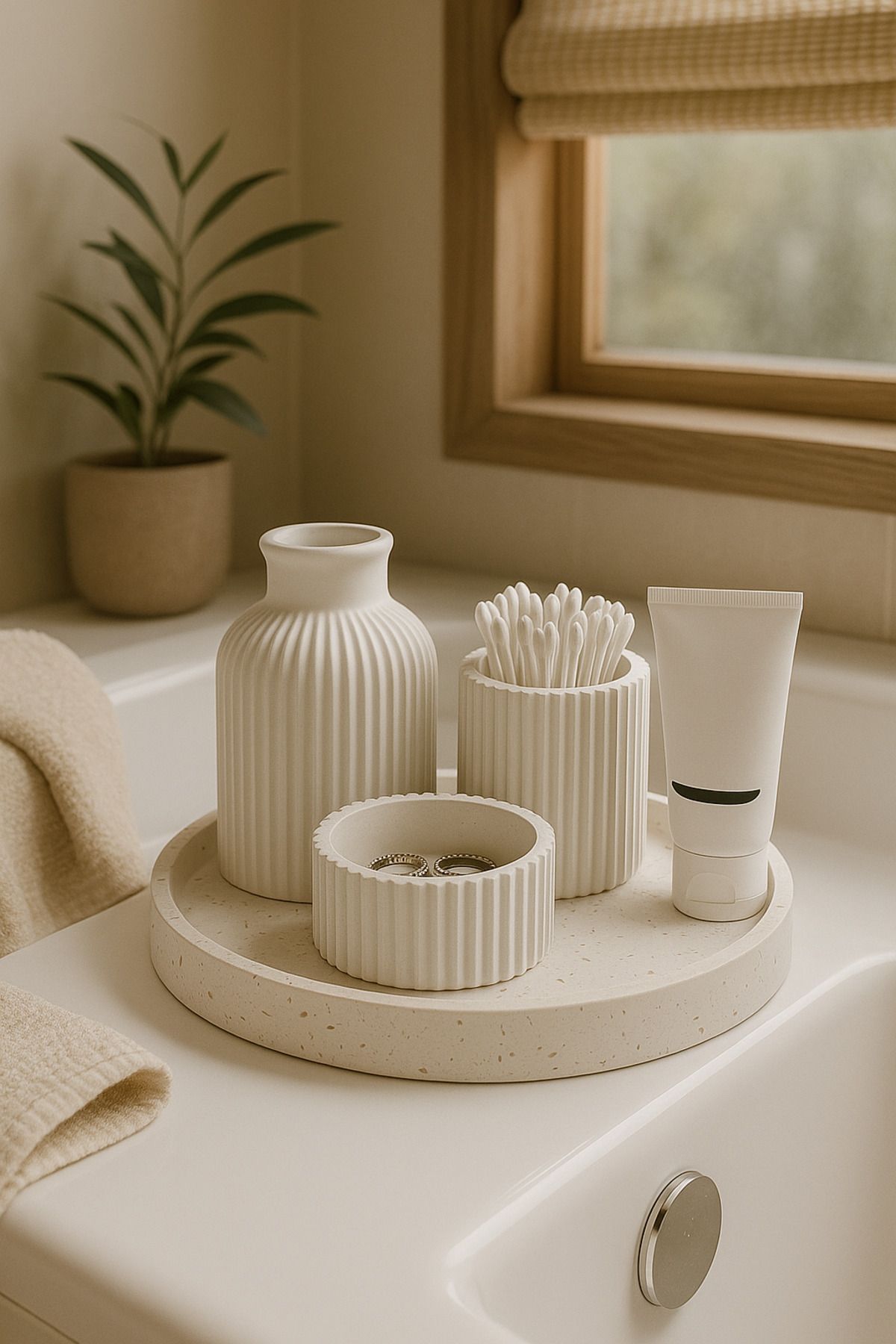 Ecomuse Home 4’lü İskandinav Beton Banyo Organizer Seti – Yuvarlak Tepsi, Pamuk Çubukluk, Takı Tabağı & Mini Vazo