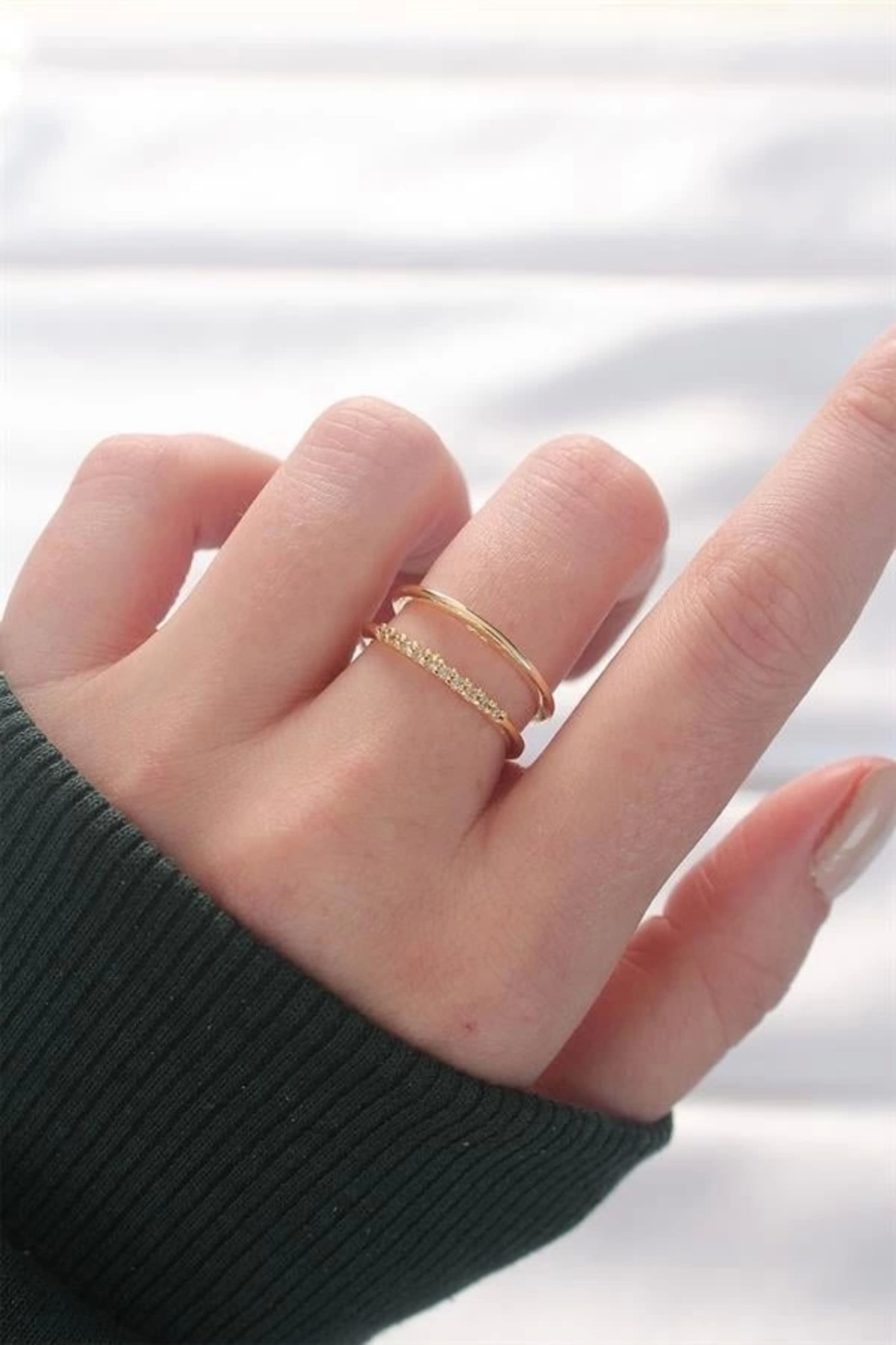 Lale Moda 2li Görünümlü Su Yolu Tasarımlı Gold Renk Ayarlanabilir Yüzük
