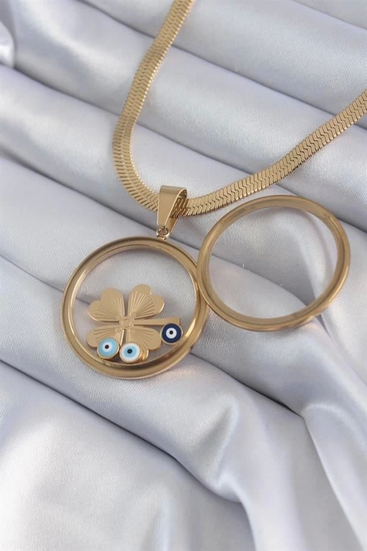 Lale Moda 316L Çelik Gold Renk İtalyan Zincir Açılabilir Fanus Yonca Figür Model Kadın Kolye