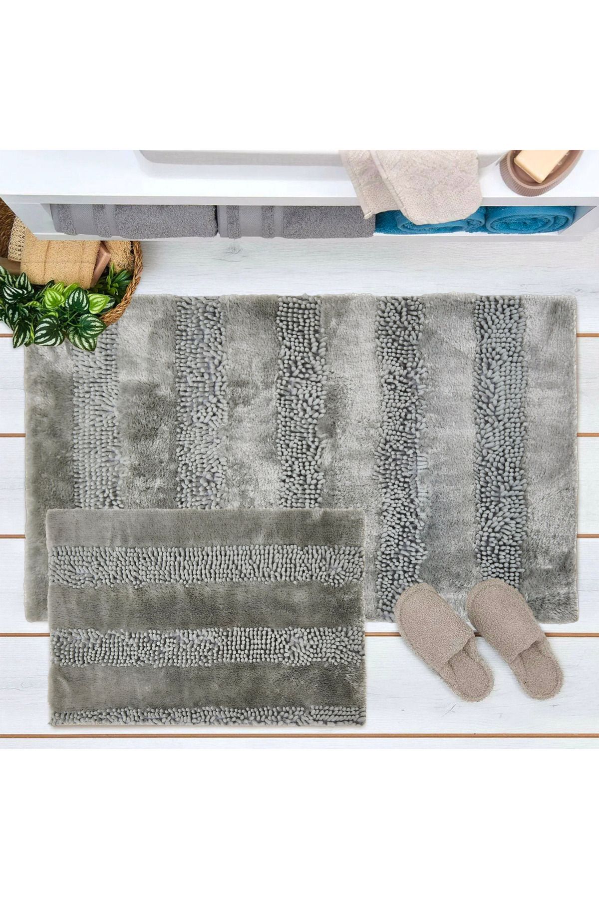 Evidea Soft Line 2'li Banyo Paspası - Gri - 60x90 cm + 45x60 cm