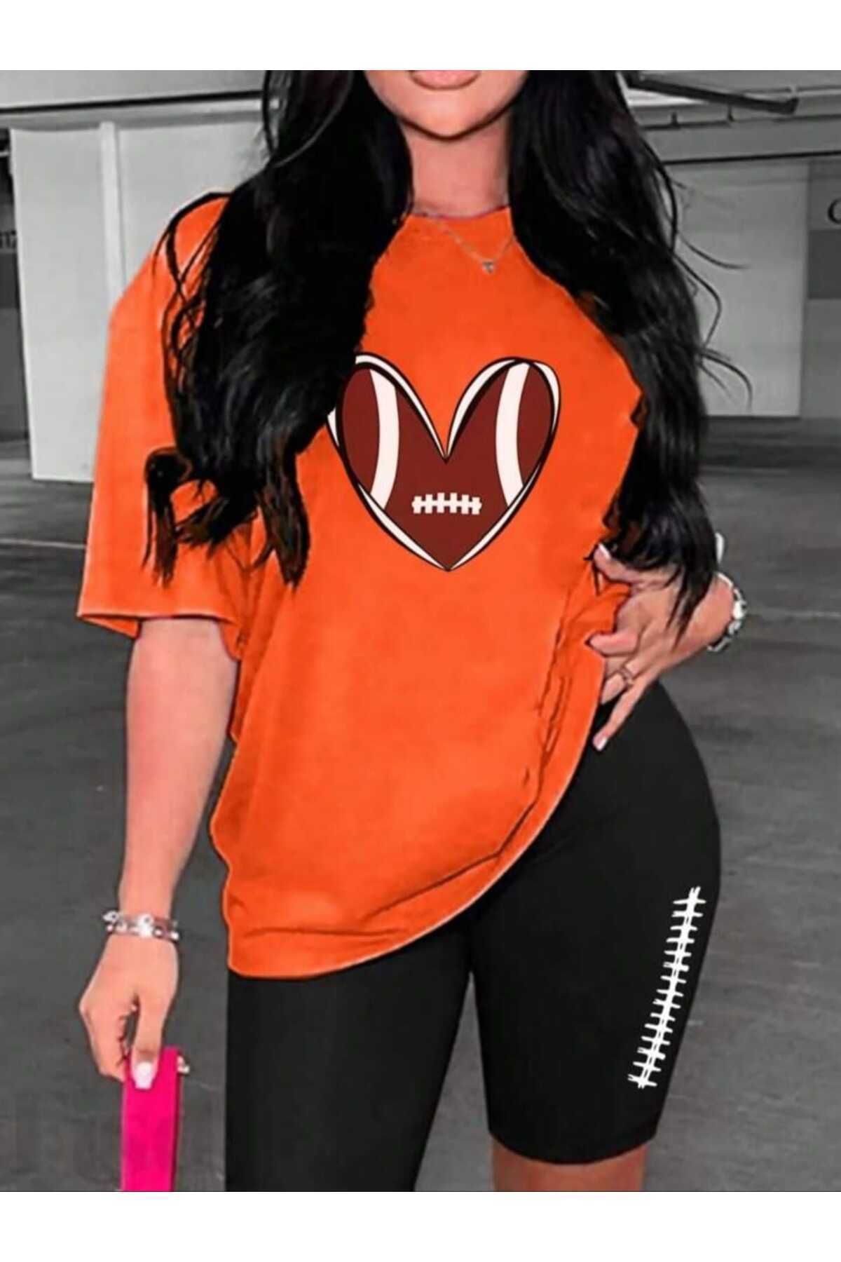 WOODROFFE Tasarım Baskılı Kısa Tayt Oversize Salaş Boyfriend T-shirt Takım