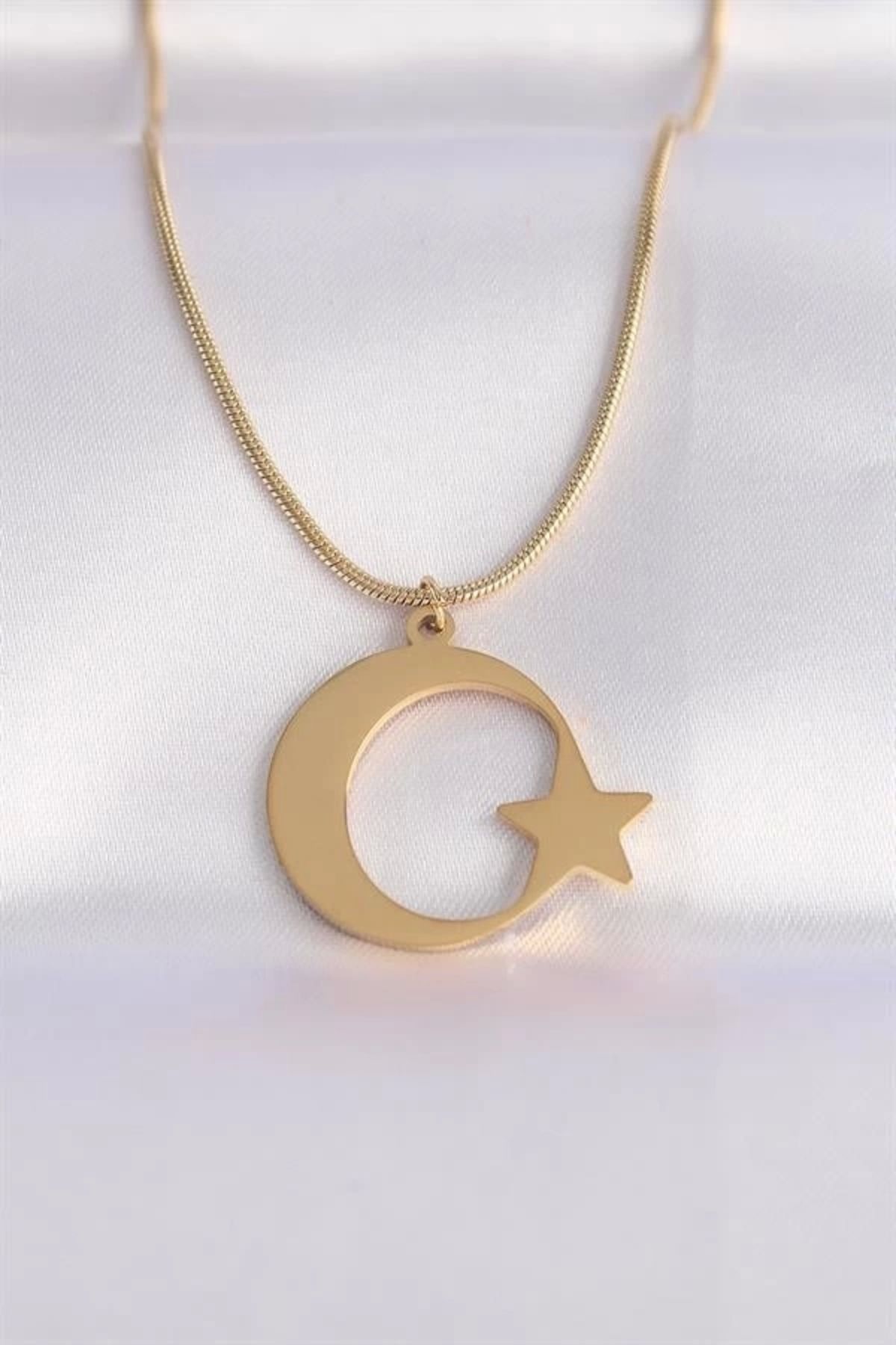 Lale Moda 316L Çelik Zincir Gold Renk Ay Yıldız Unisex Kolye